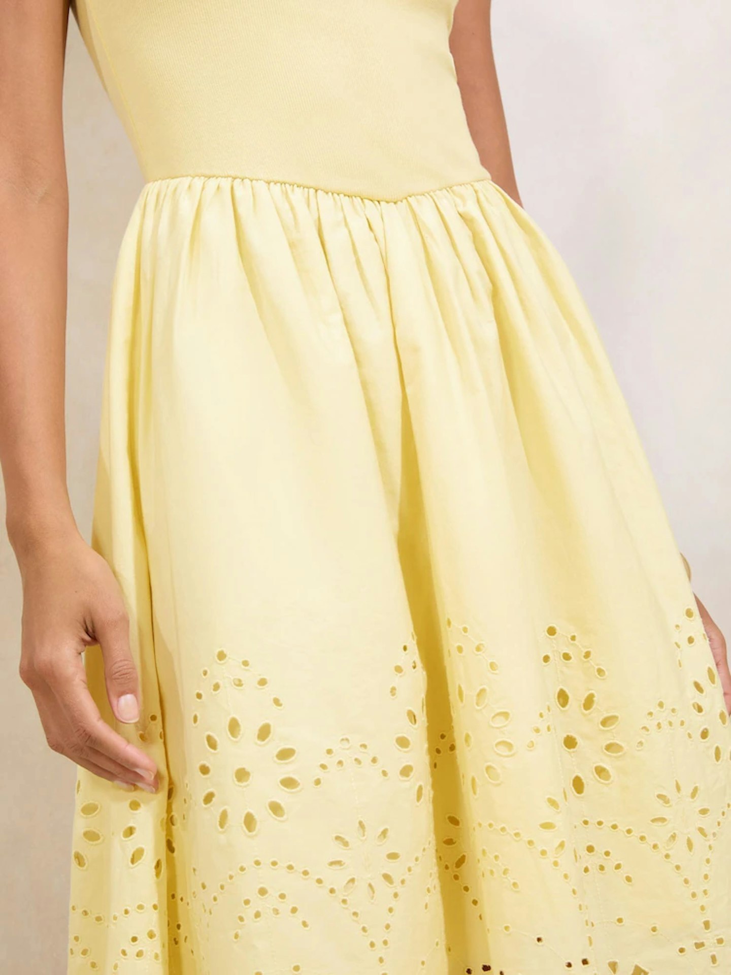 Lipsy Yellow Hybrid Jersey Borderie Mix Midi Dress