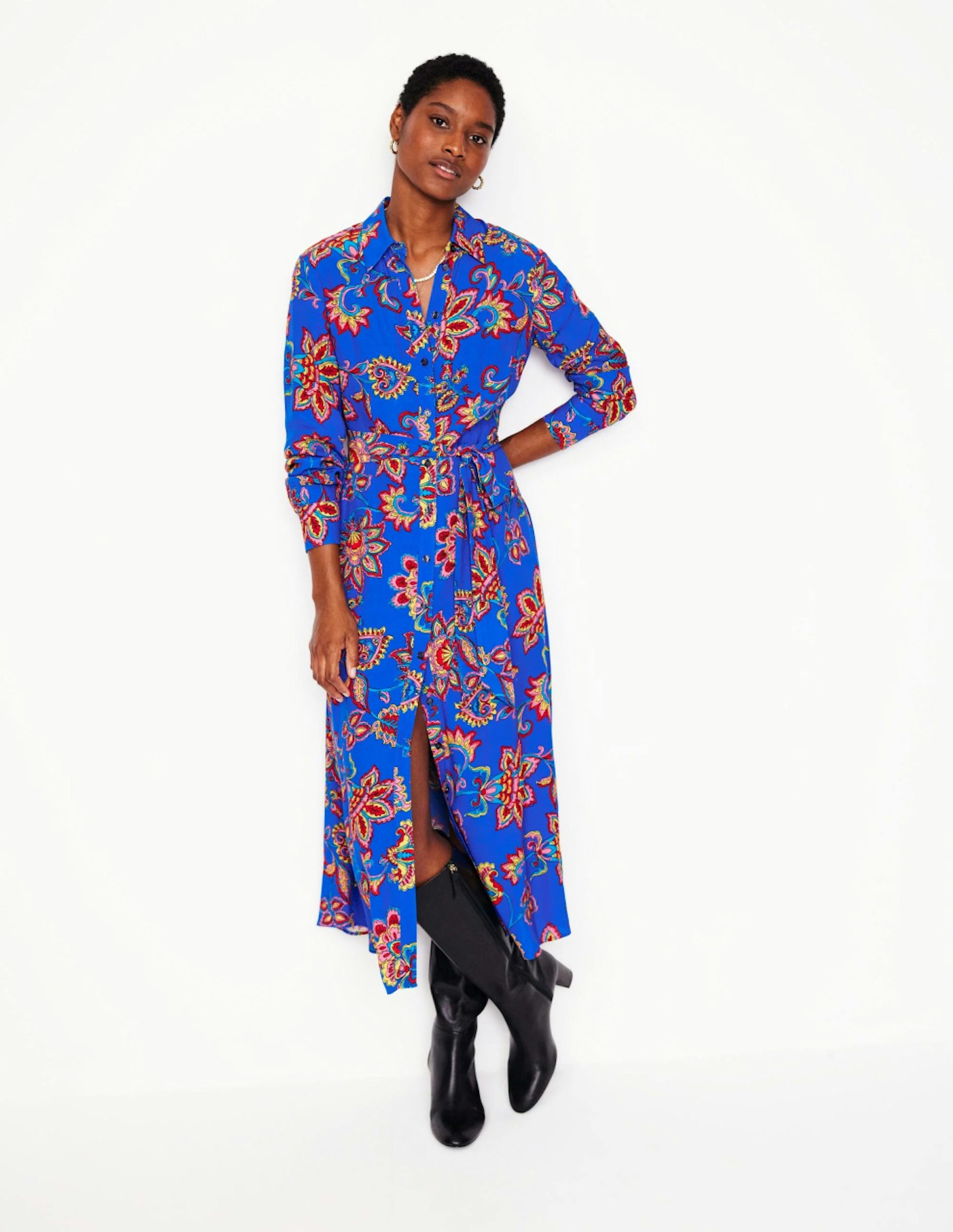 Model wearing Boden Kate midi shirt dress