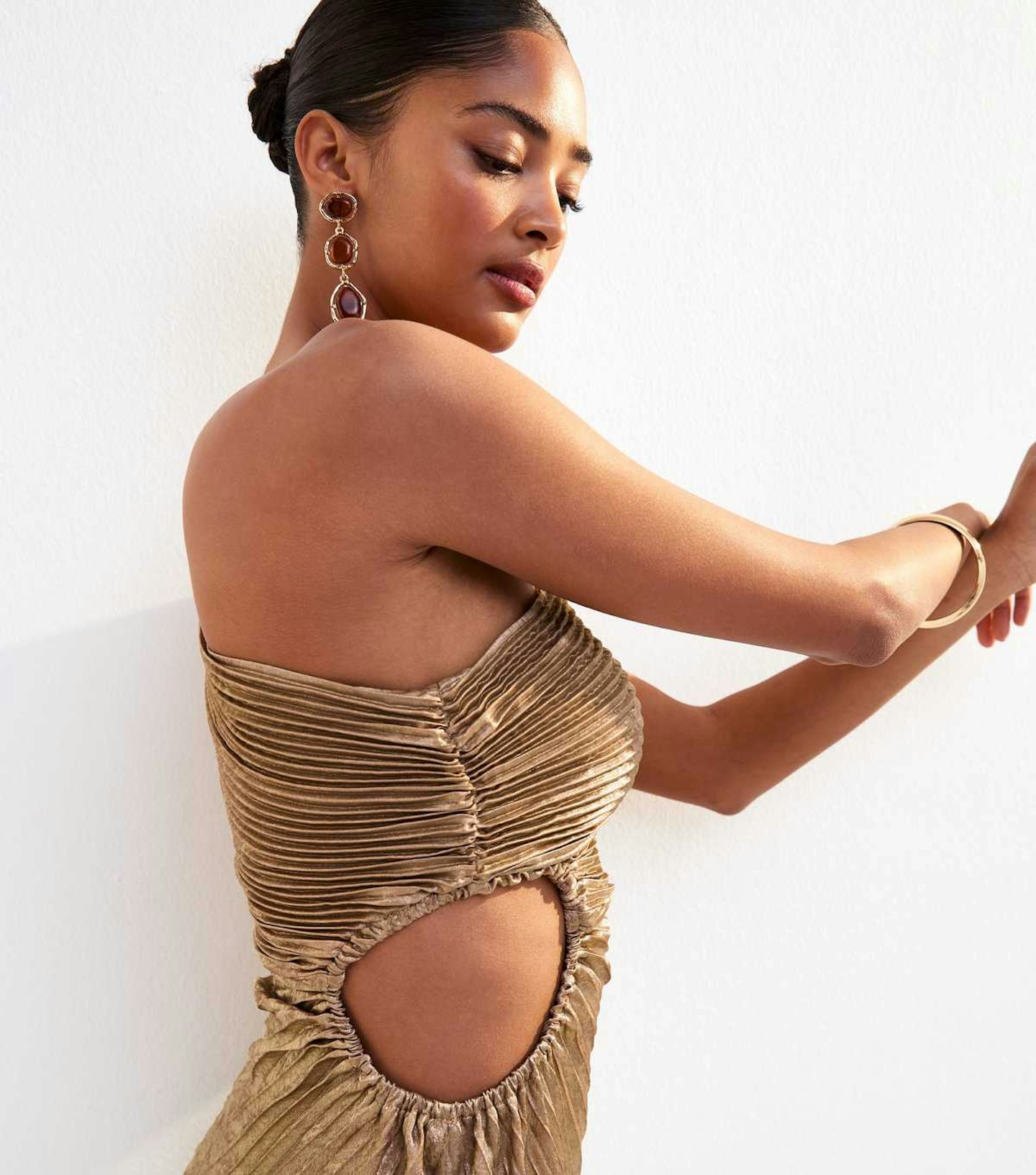 gold metallic satin pleated maxi dress