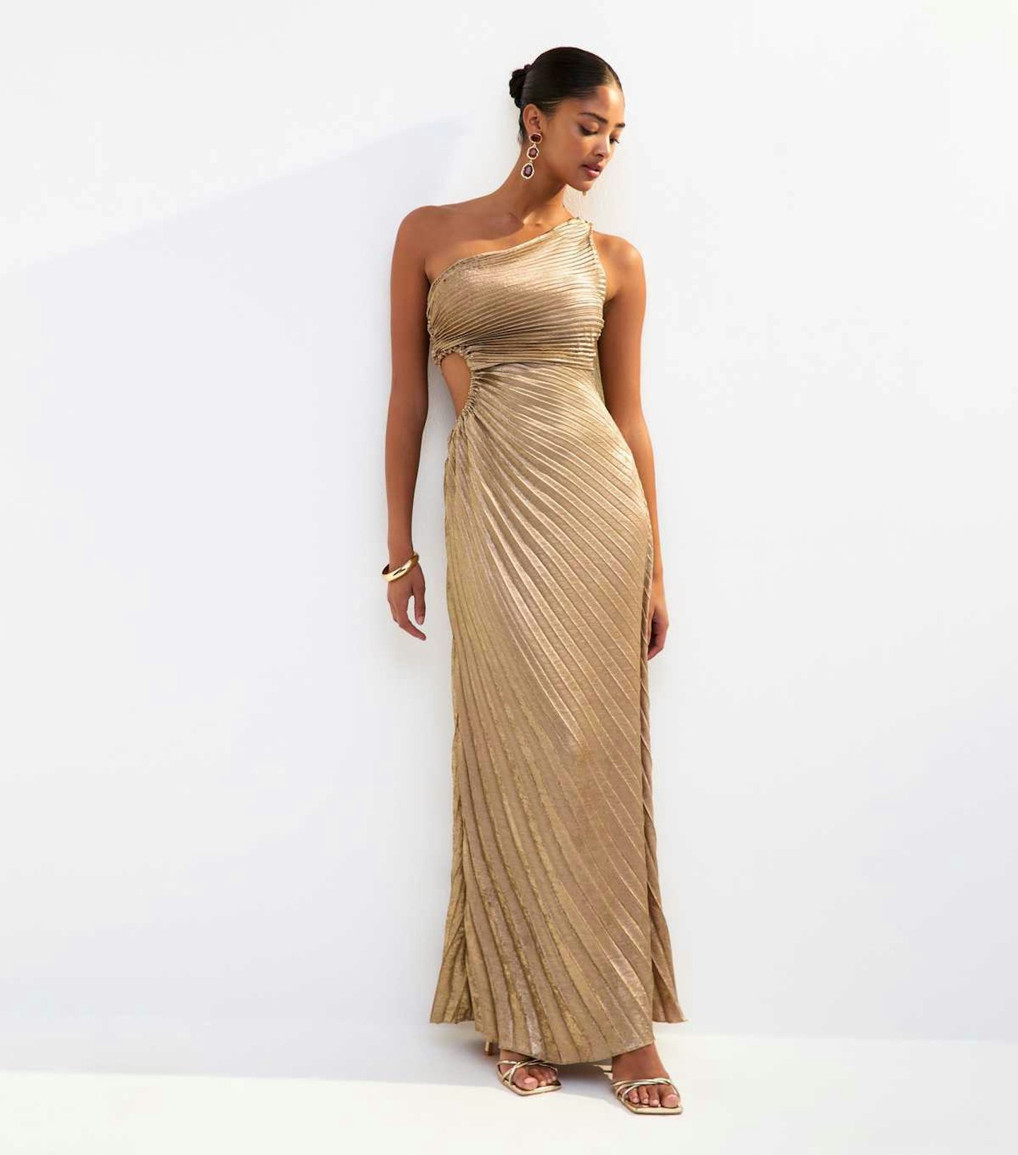 gold metallic satin pleated maxi dress