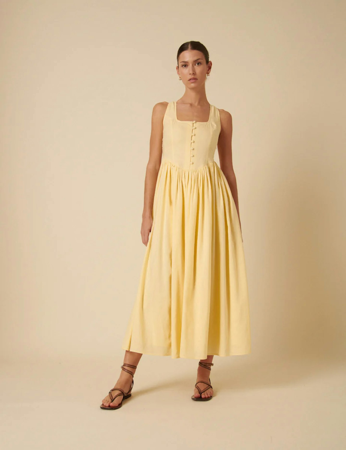 NOBODY'S CHILD BUTTER YELLOW LINEN-BLEND CORA MIDI DRESS