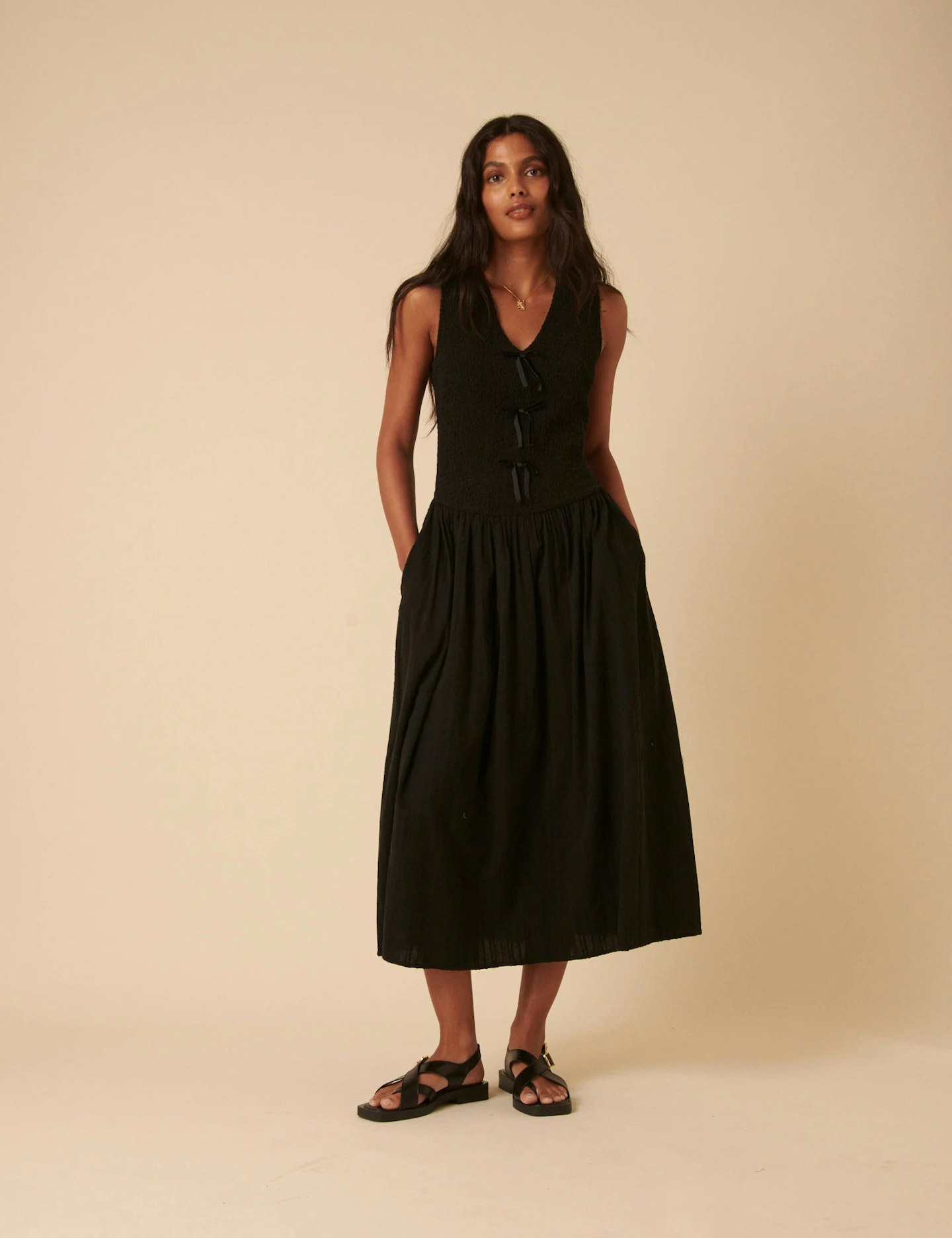 NOBODY'S CHILD BLACK BOW FRONT LUISA MIDI DRESS