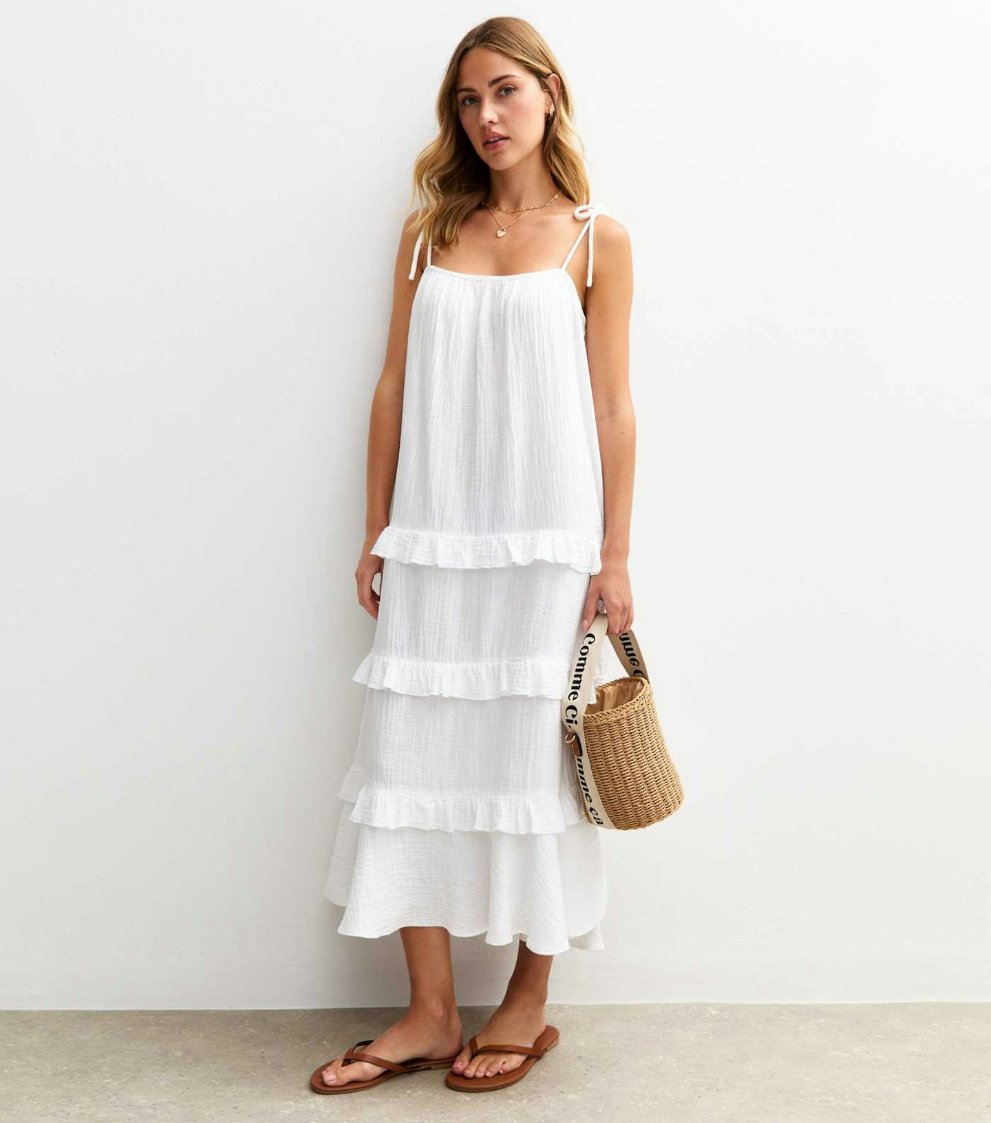 white crinkled frilly trim midi dress new look
