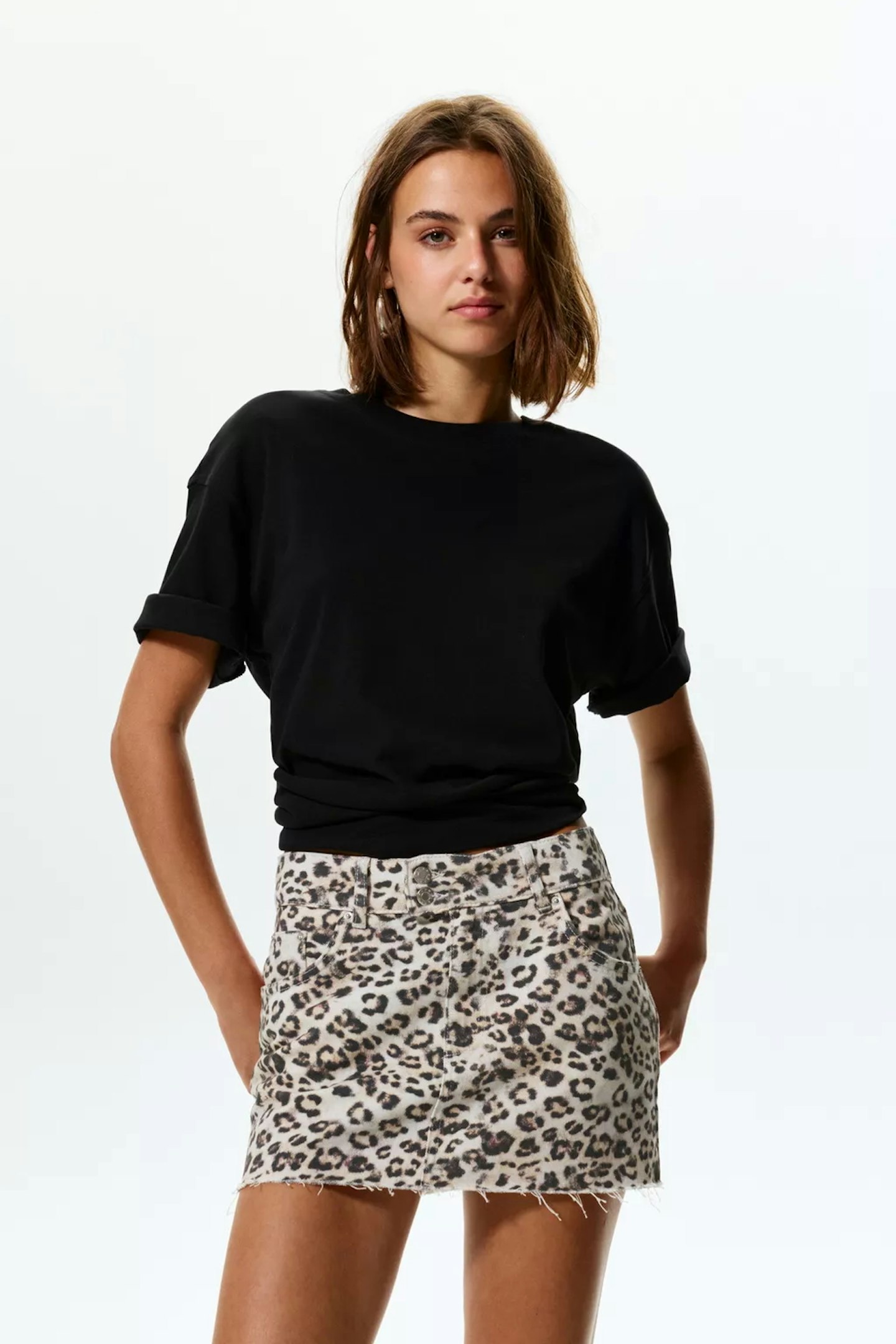 Pull&Bear Leopard Print Denim Mini Skirt