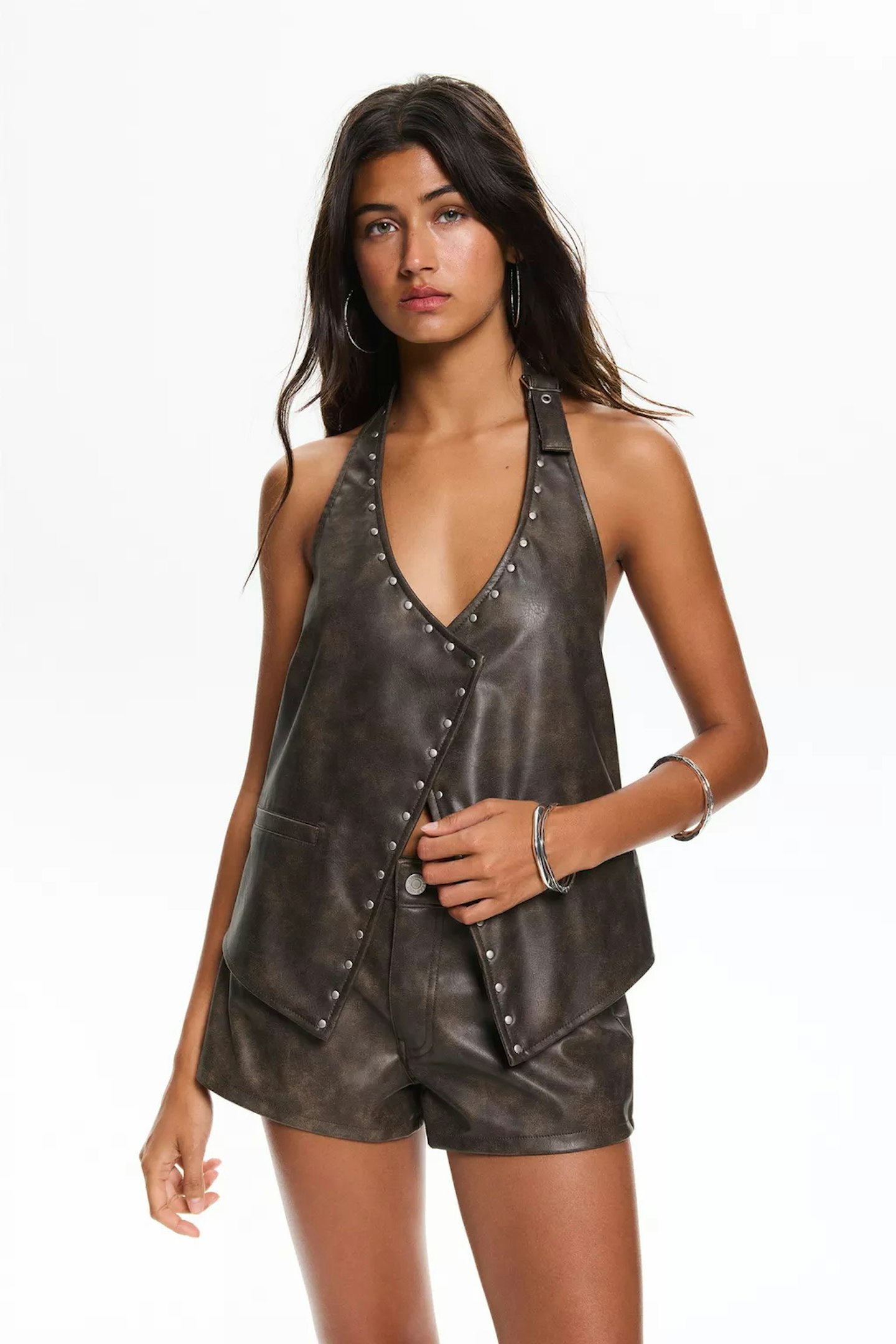 Pull&Bear Faux Leather Halter Top with Studs