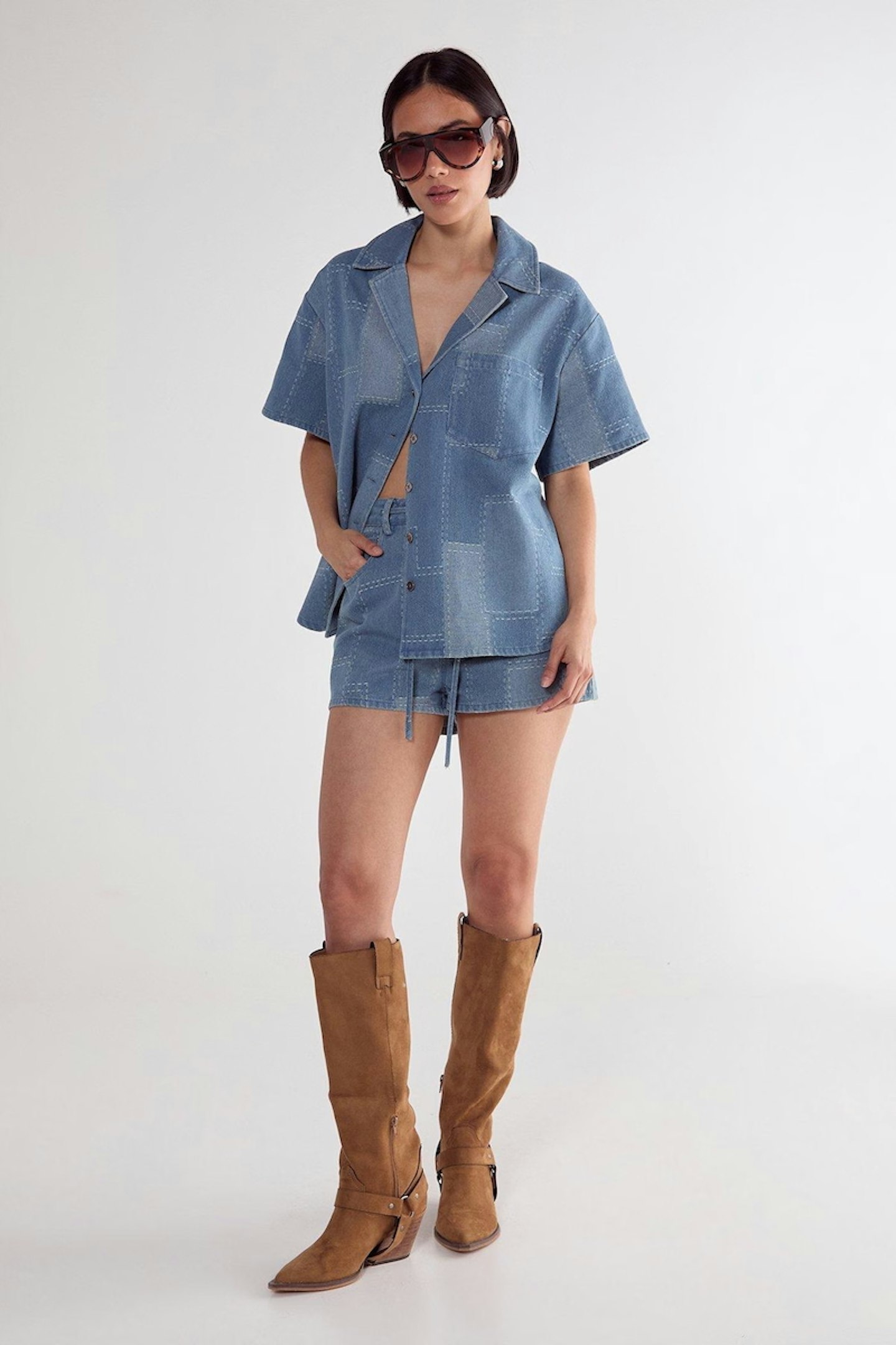 Nasty Gal Mid Blue Denim Patchwork Contrast Stitch Resort Shirt
