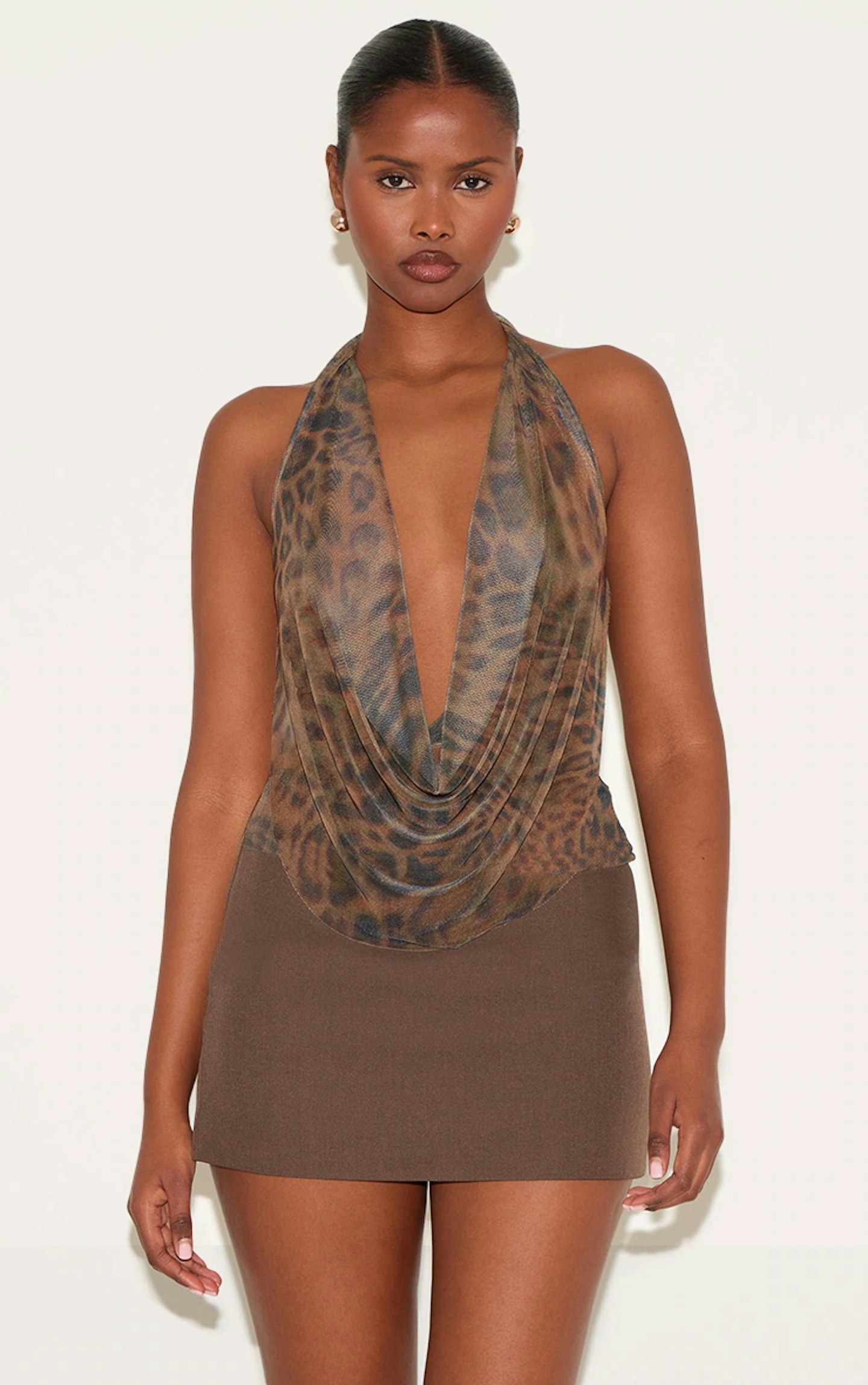 PrettyLittleThing Brown Mesh Printed Halter Neck Top