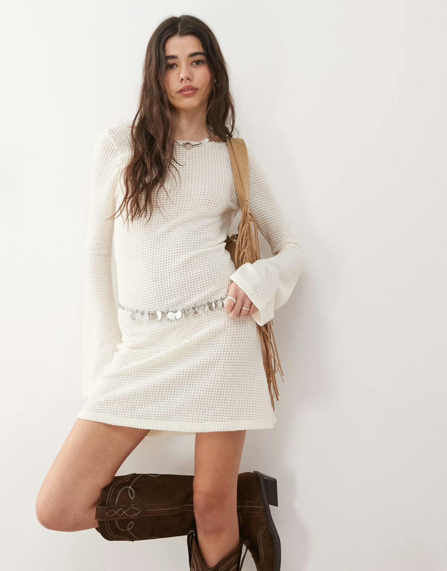 ASOS Reclaimed Vintage Flared Sleeve Crochet Beach Mini Dress in Cream