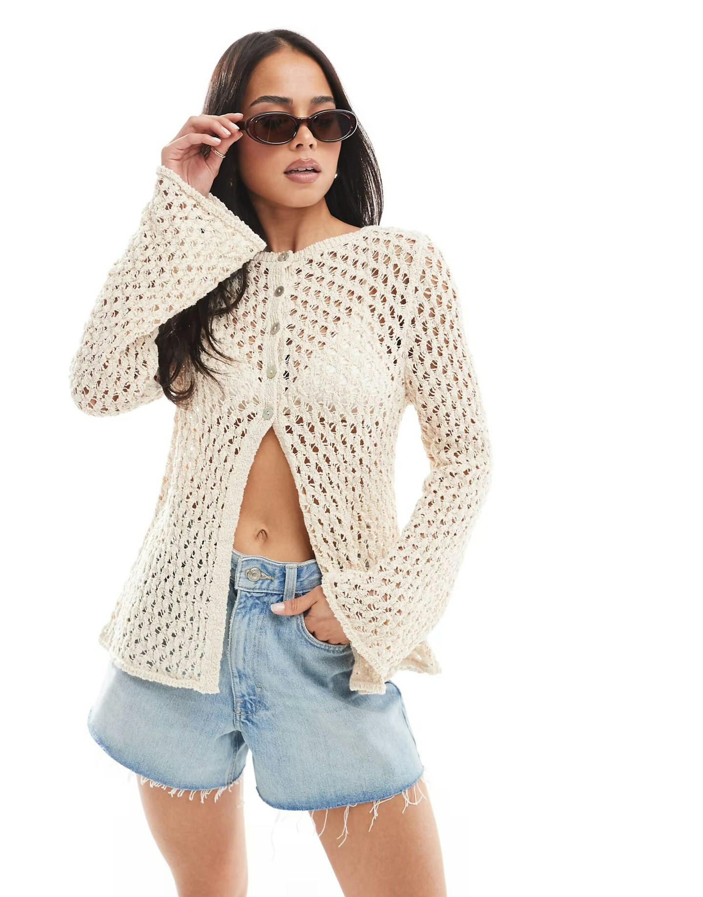 ASOS DESIGN Slash Neck Open Crochet Knit Cardigan in Ivory