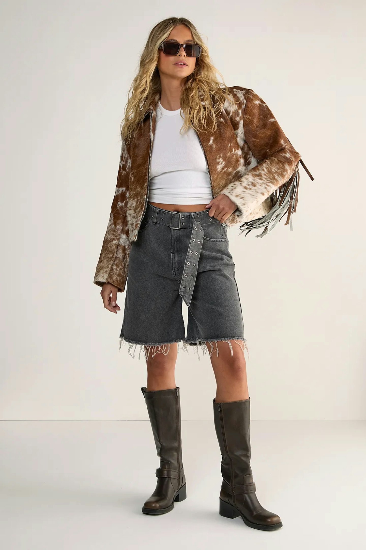 Nasty Gal Dark Grey Frayed Belted Denim Shorts