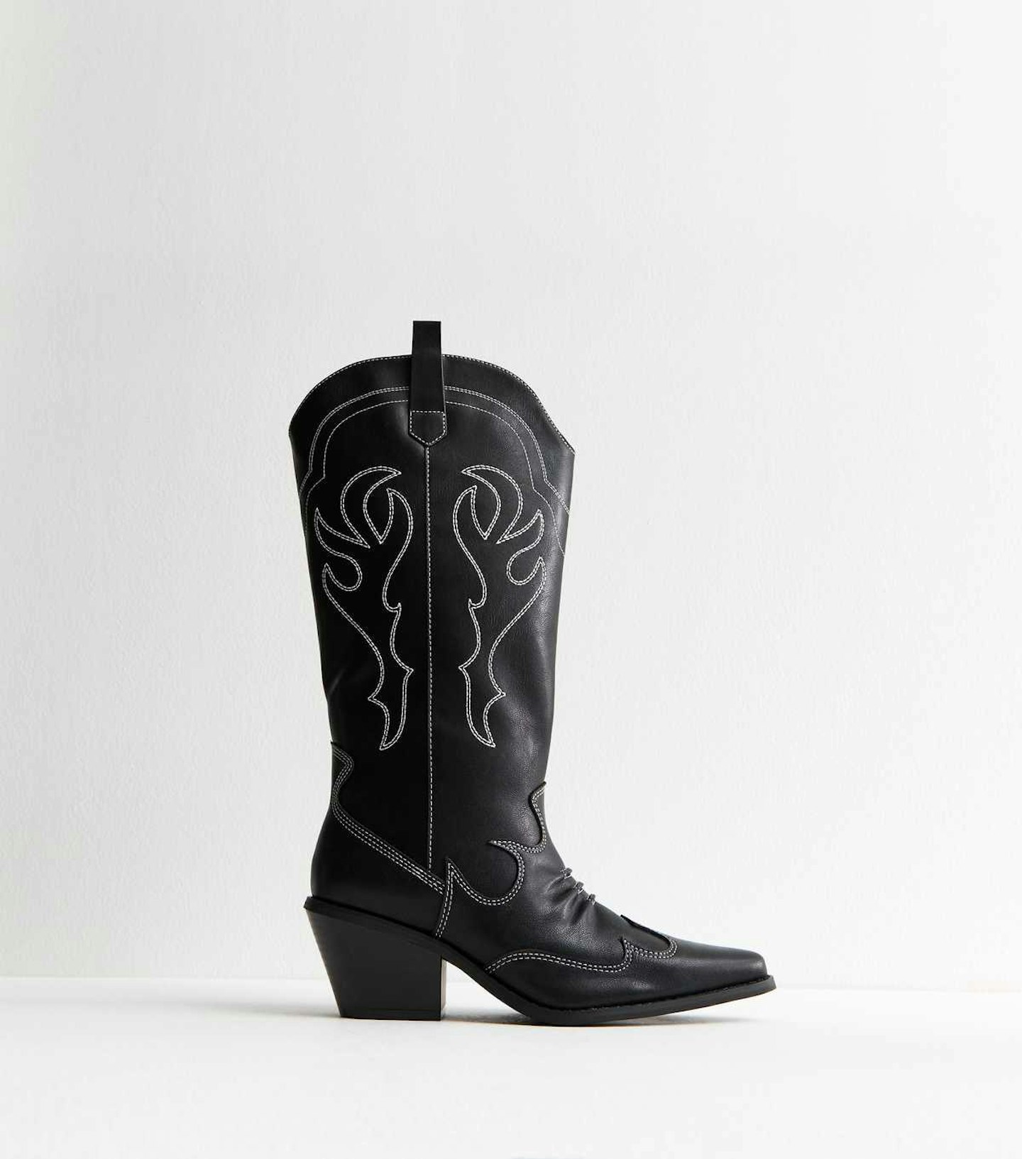 New Look Black Faux Leather Stitch Detail Cowboy Boots