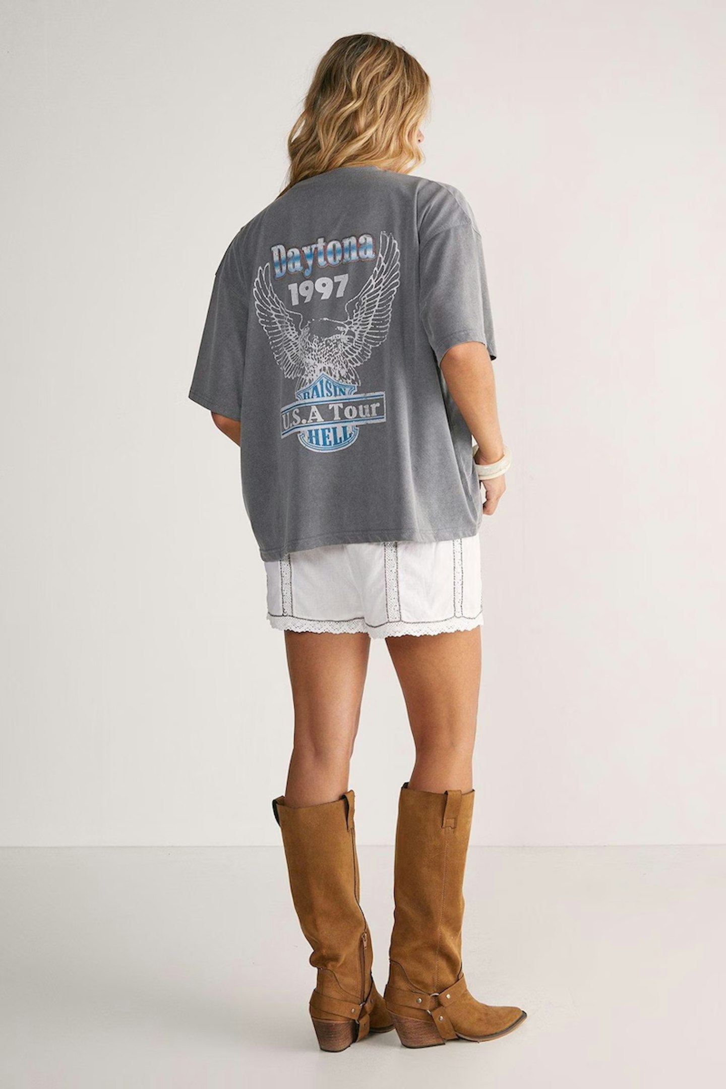 Nasty Gal Charcoal Daytona 1997 USA Tour Acid Wash Oversized Graphic T-Shirt