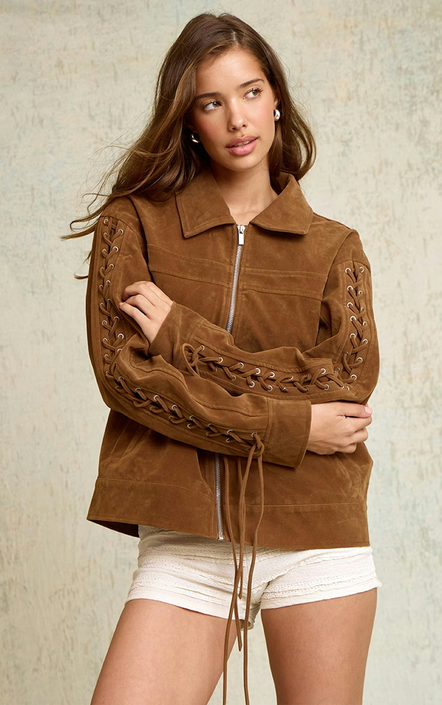 PrettyLittleThing Brown Lace Up Faux Suede Boxy Jacket