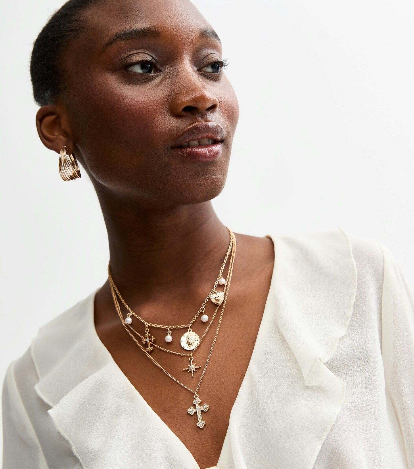 New Look Gold Tone Multi-Layer Faux Pearl and Diamante Pendant Necklace