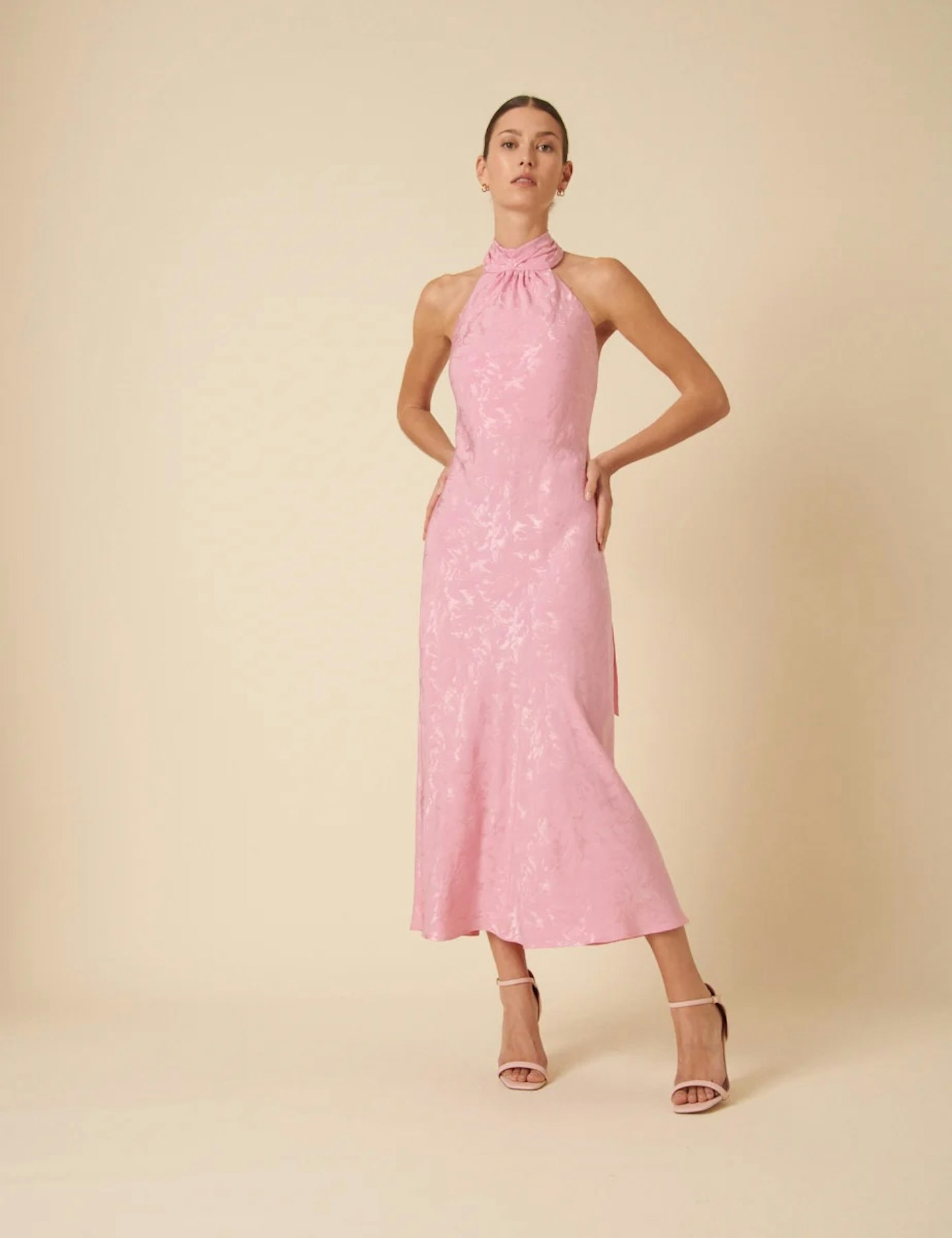 Nobody's Child Pink Floral Jacquard Tie-Neck Fifi Midi Dress