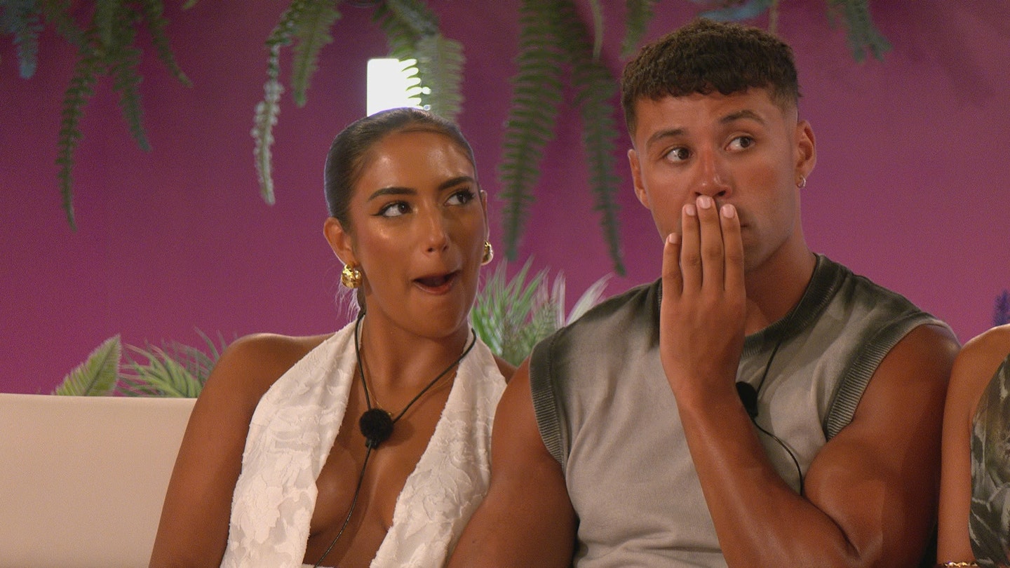 Shakira and Conor looking shocked round the fire pit