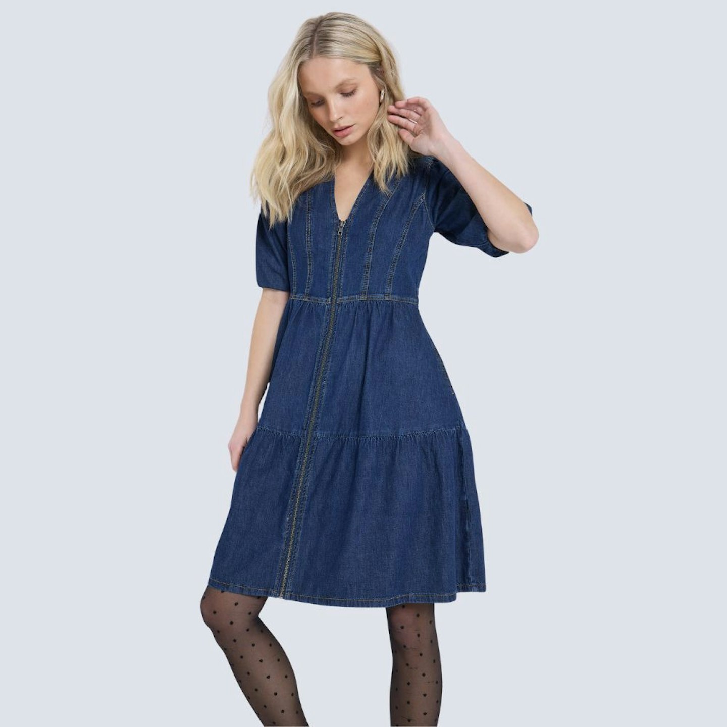 Authentic Indigo Zip Detail Tiered Short Denim Dress