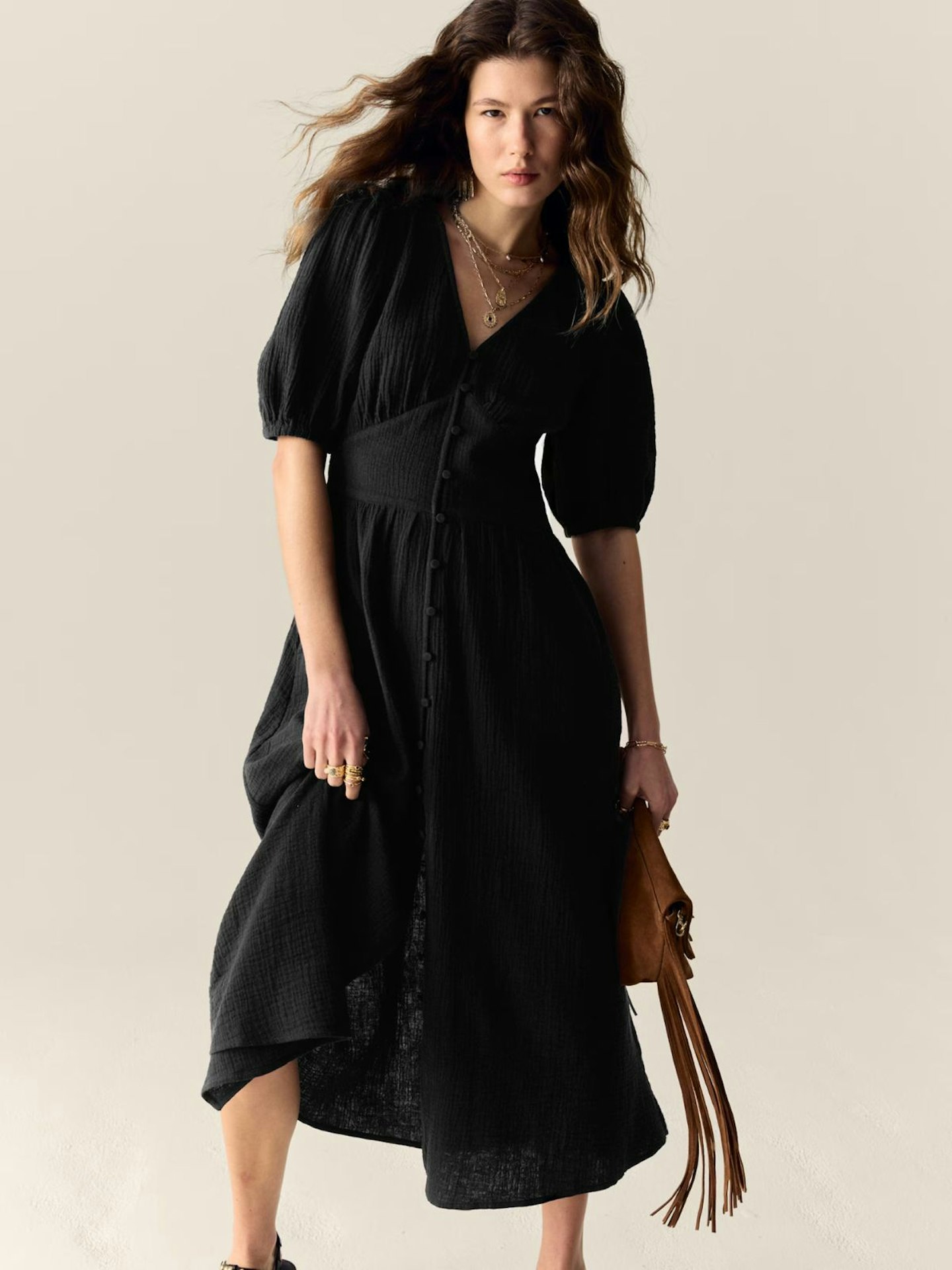 Per Una Pure Cotton V-Neck Button Through Midi Waisted Dress in Black