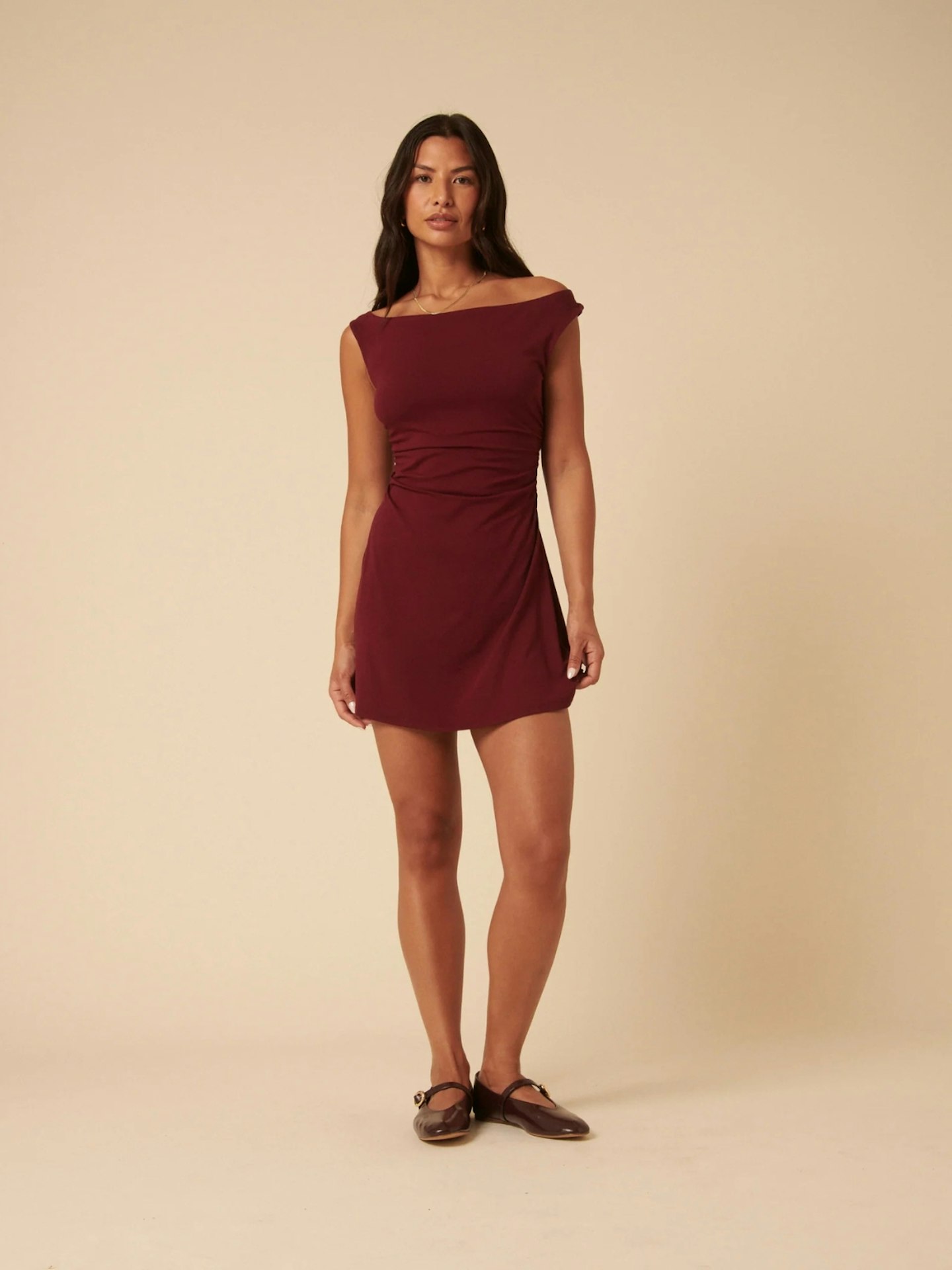 Nobody's Child Burgundy Off Shoulder Abigail Mini Dress