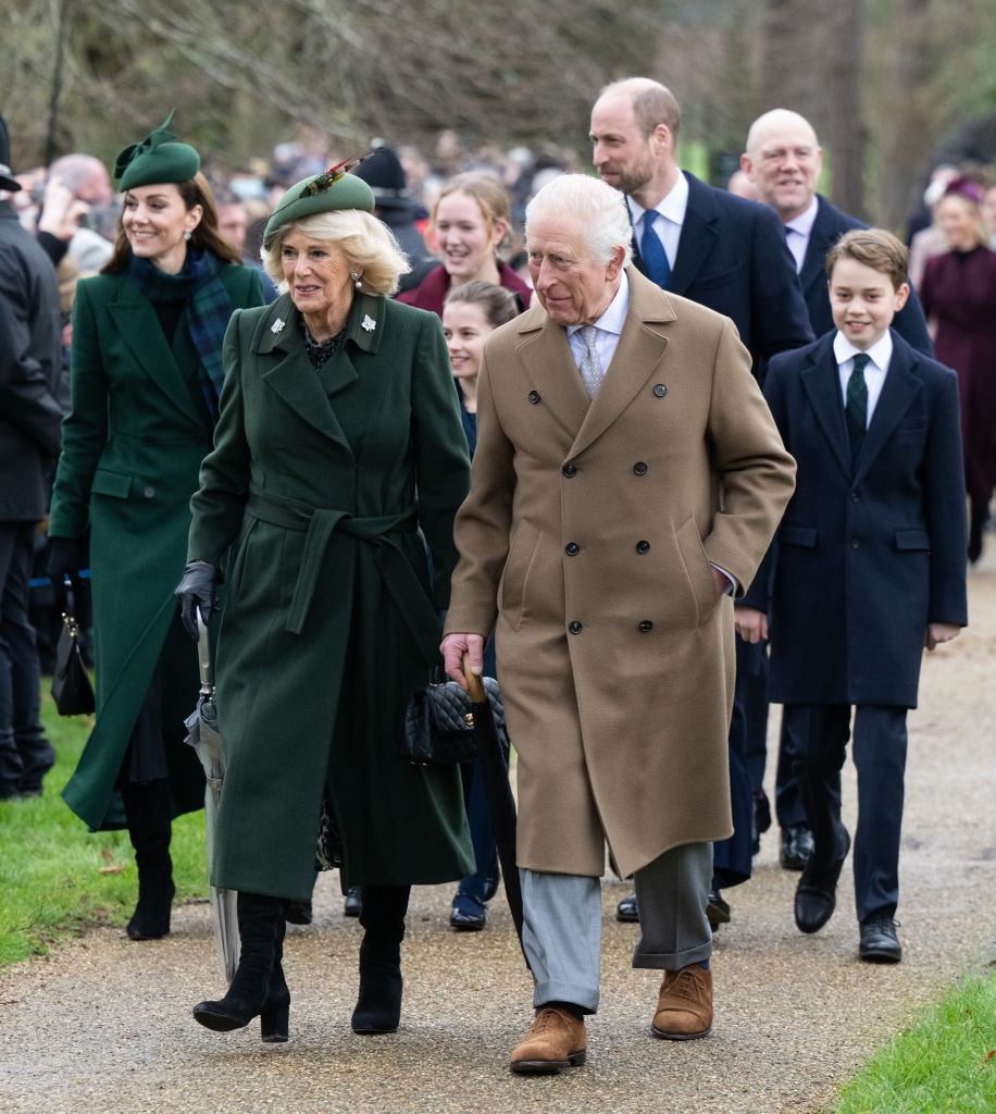 Catherine, Princess of Wales, Queen Camilla, Princess Charlotte of Wales, King Charles III, Prince William, Prince of Wales and Prince George of Wales attend the Christmas Morning Service at Sandringham Church