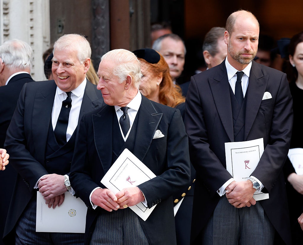 Prince Andrew, Duke of York, King Charles III and Prince William, Prince of Wales attend Katharine, Duchess of Kent