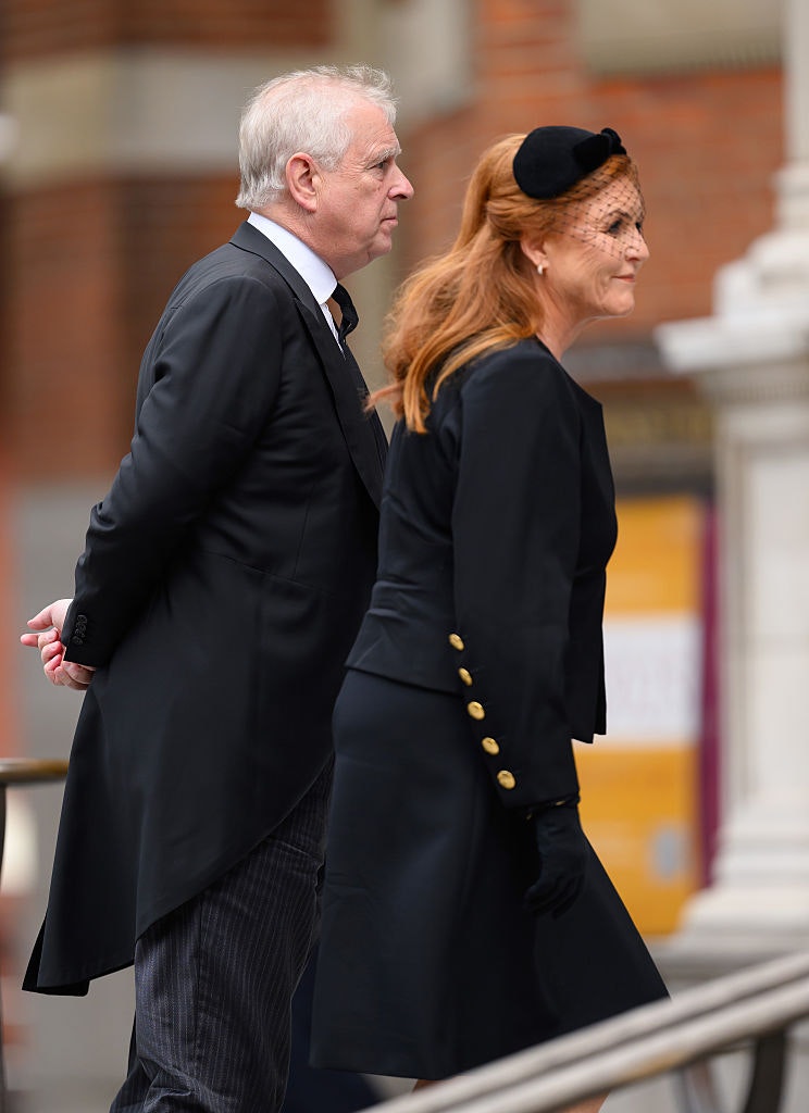 Prince Andrew, Duke of York and Sarah Ferguson, Duchess of York arrive for the funeral of Katharine, Duchess of Kent at Westminster Cathedral
