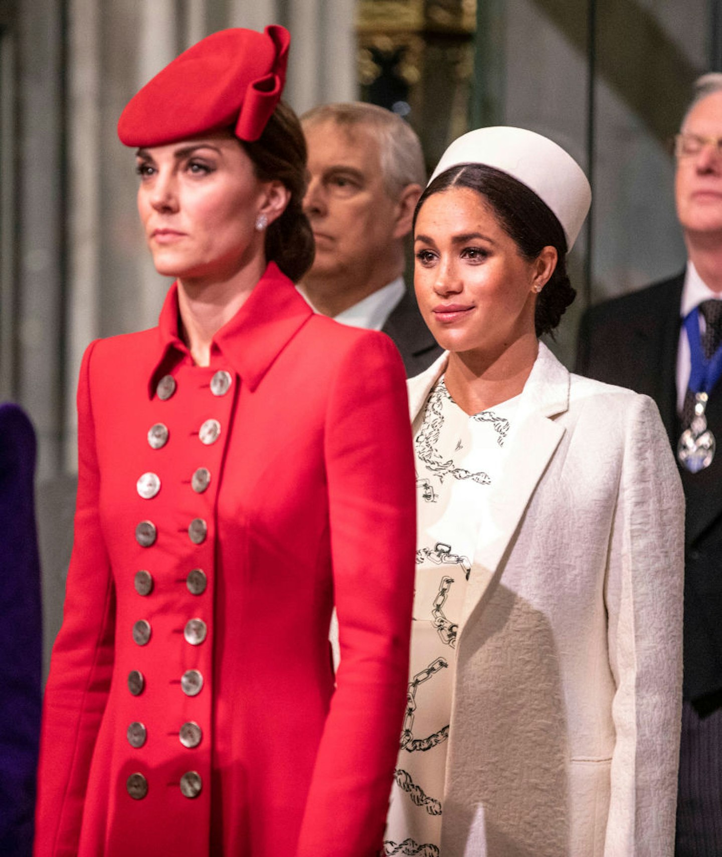 Catherine, The Duchess of Cambridge stands with Meghan, Duchess of Sussex at Westminster Abbey for a Commonwealth day service