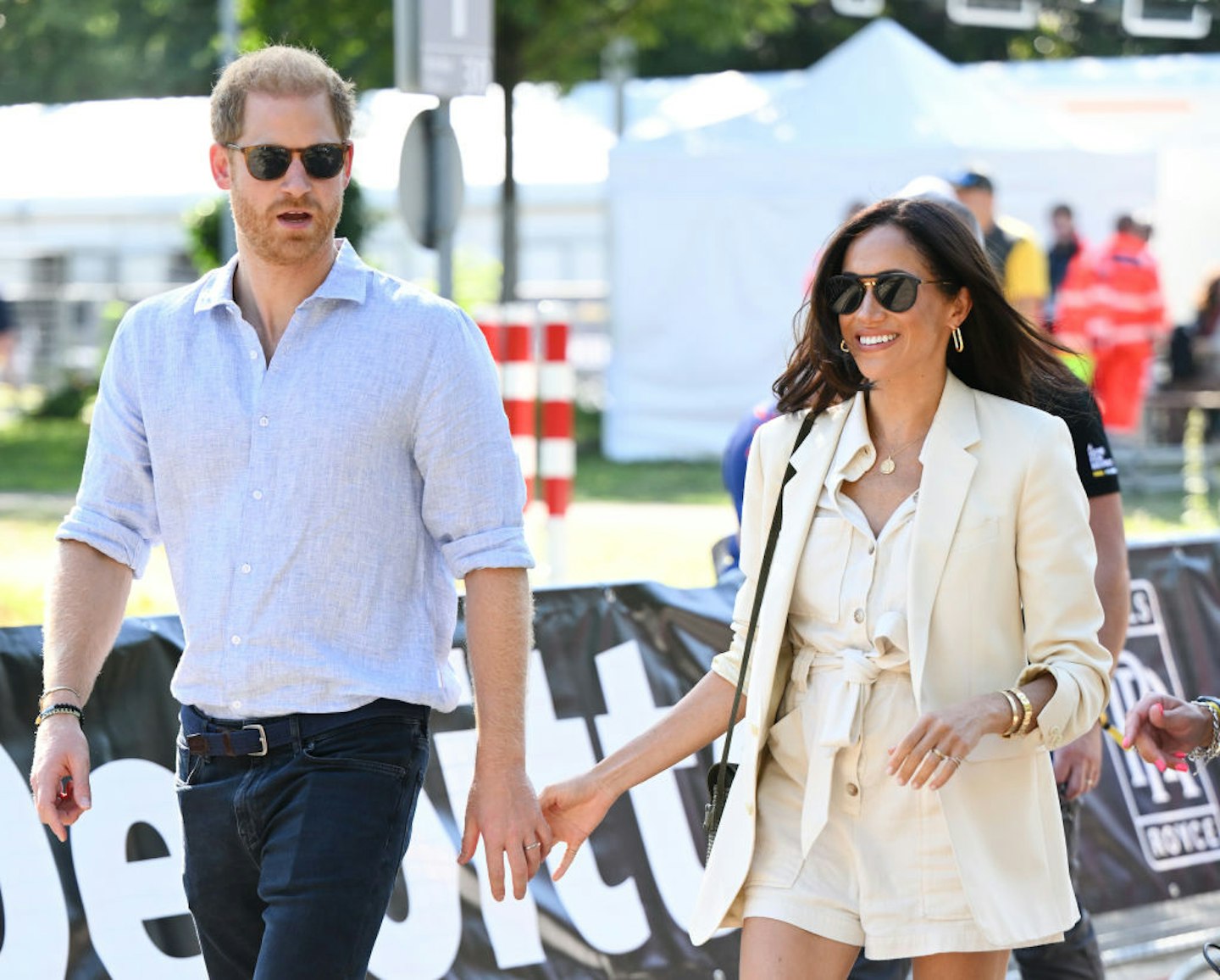 Prince Harry, Duke of Sussex and Meghan, Duchess of Sussex attend the cycling medal ceremony at the Cycling Track during day six of the Invictus Games Düsseldorf 2023