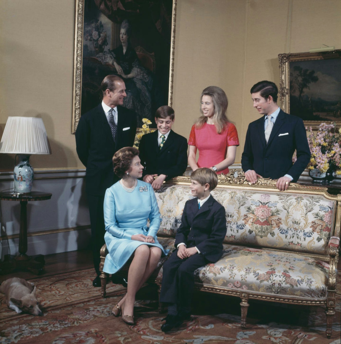 Queen Elizabeth II and Prince Philip, the Duke of Edinburgh with their children Charles, Anne, Andrew and Edward at Buckingham Palace in London on their Silver Wedding anniversary