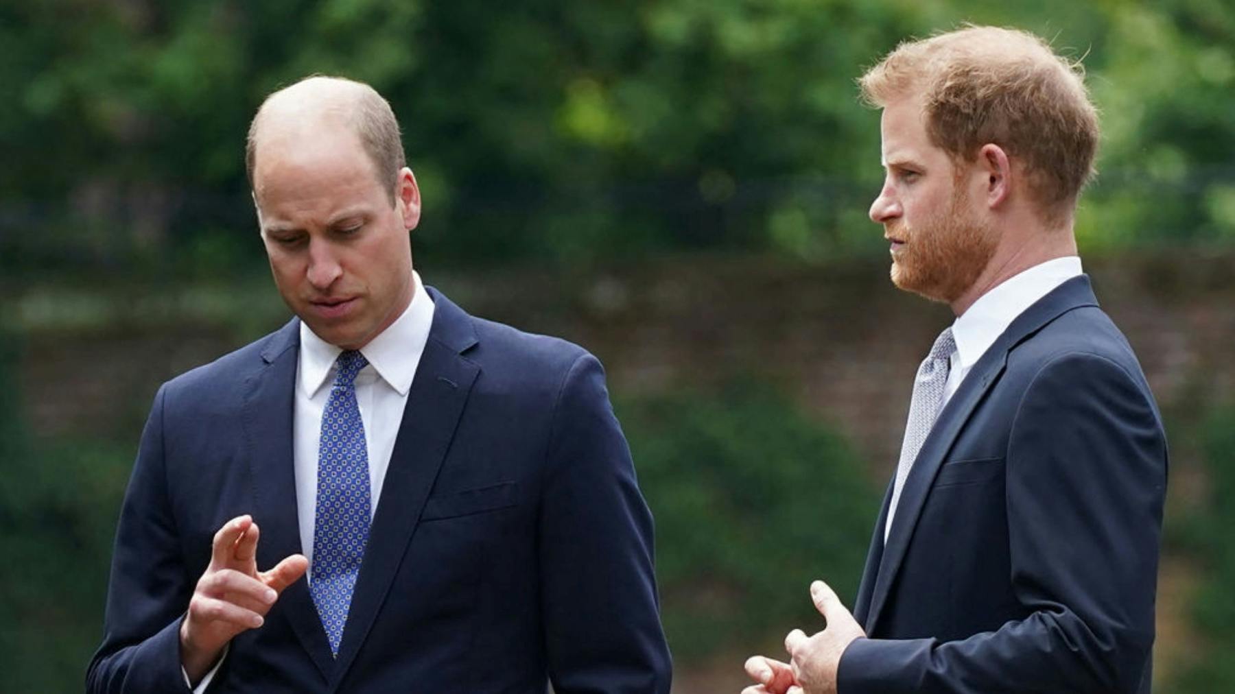 Prince William, Duke of Cambridge (L) and Britain's Prince Harry, Duke of Sussex chat ahead ofthe unveiling of a statue of their mother, Princess Diana at The Sunken Garden in Kensington Palace, London on July 1, 2021, which would have been her 60th birthday
