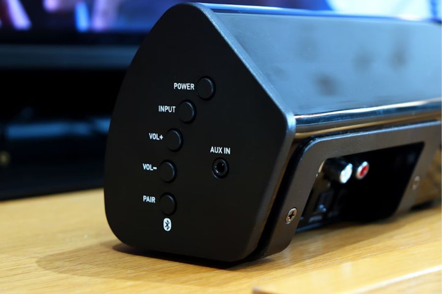 Best soundbar under £100. Majority Teton Plus Wireless Subwoofer side control buttons. Best budget soundbars.