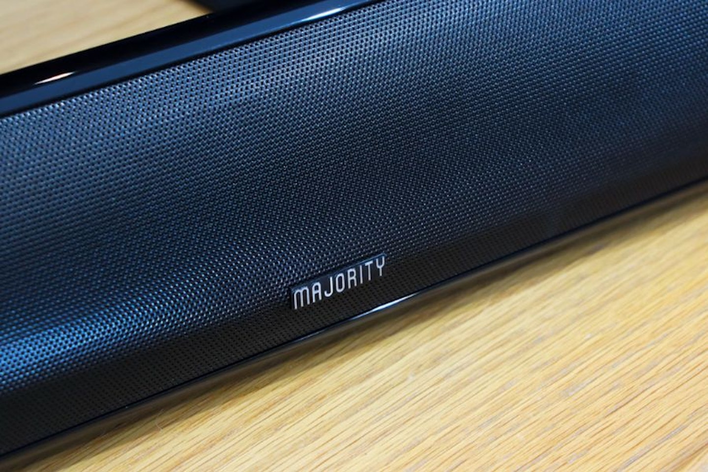 Best soundbar under £100. Majority Teton Plus soundbar front grille and Majority logo. Best budget soundbars.
