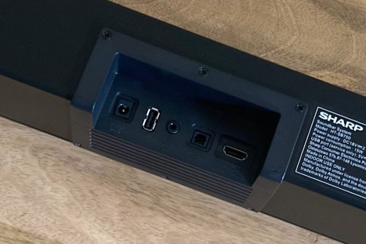 Best compact budget soundbar. Sharp HT-SB700 Soundbar on a table - rear ports. Best budget soundbars.