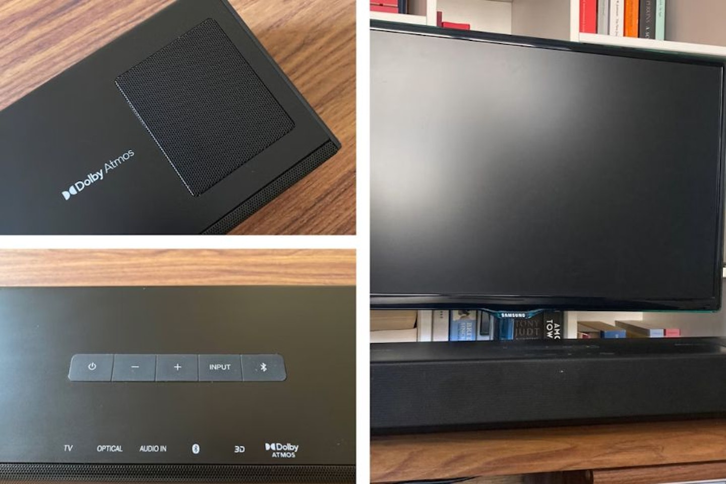 Best compact budget soundbar. Sharp HT-SB700 Soundbar on a table - top Dolby Atmos speaker, controls and next to a TV. Best budget soundbars.