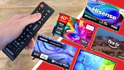 Best 40-inch TVs including Hisense, TCL, Amazon Fire, Toshiba and Samsung. Shown with hand holding Samsung TV remote.