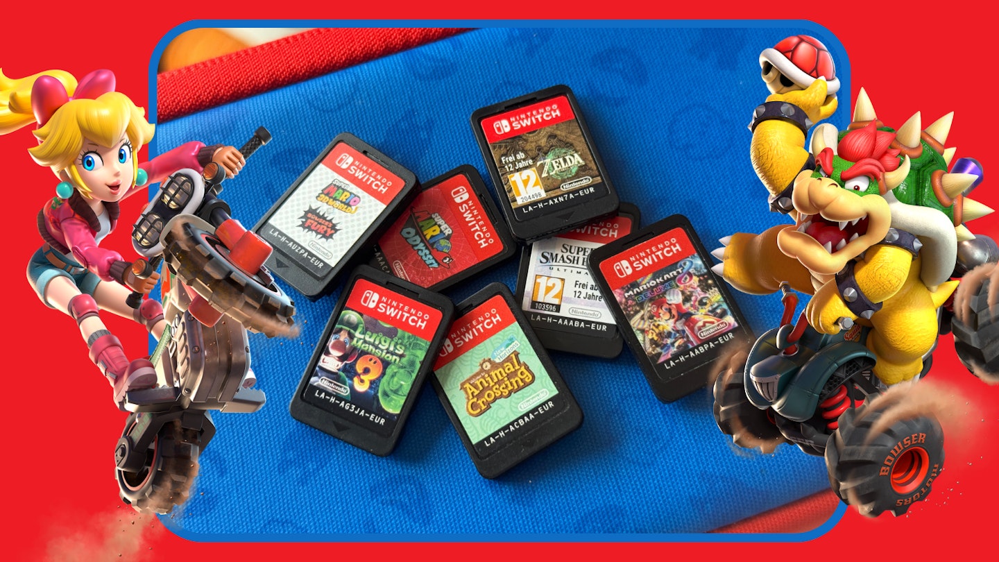 Selection of Nintendo Switch games (Mario Odyssey, Animal Crossing, Luigi’s Mansion 3, Super Smash Bros. Ultimate, Mario Kart 8 Deluxe, Zelda: Tears of the Kingdom, and Super Mario 3D World + Bowser’s Fury) displayed on a blue Switch carry case
