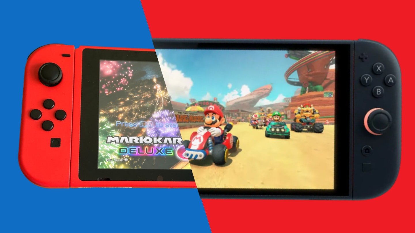 Split image showing the original Nintendo Switch (photographed, background removed) on the left, and the Nintendo Switch 2 (stock image) on the right. Used to highlight visual differences between the two models.