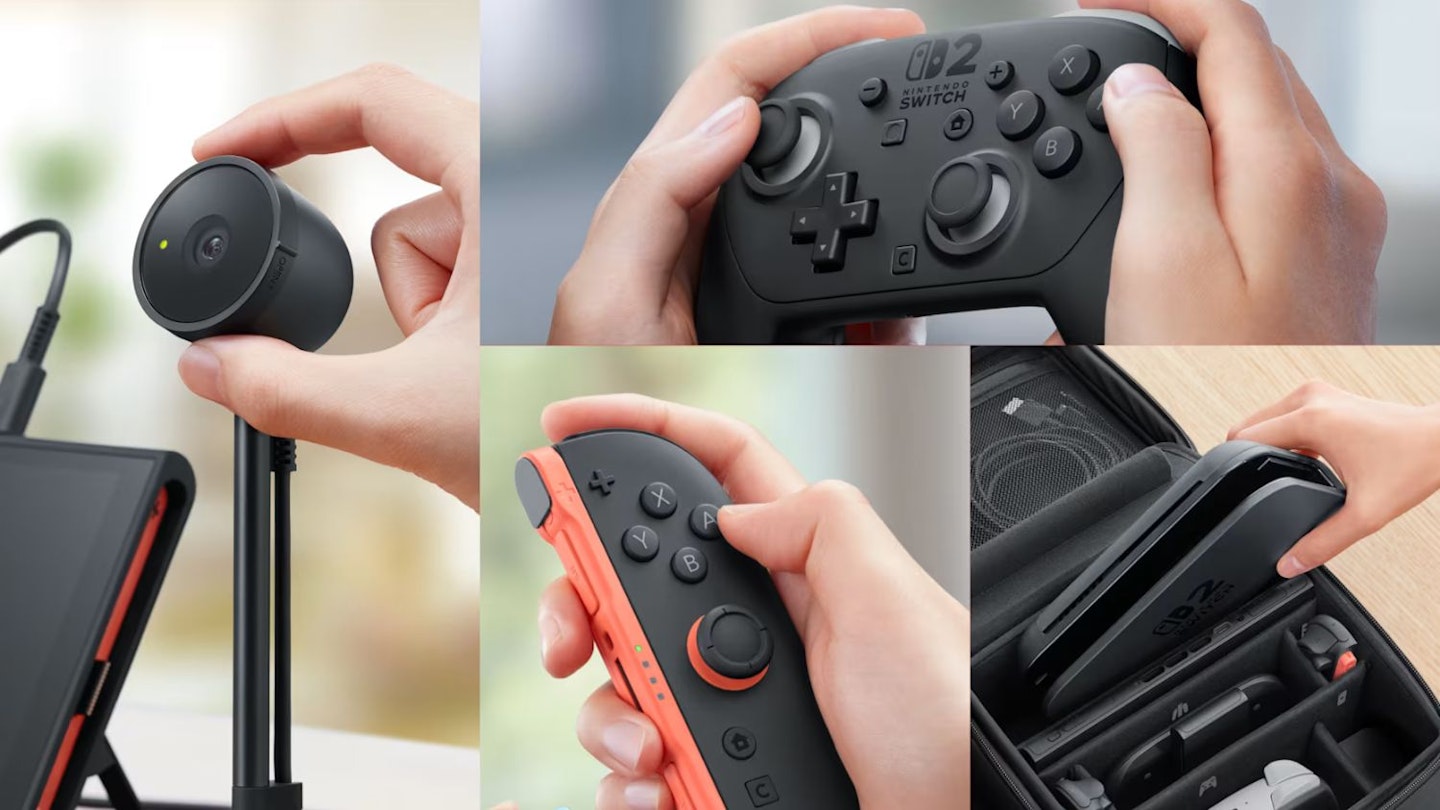 Nintendo Switch 2 Accessories, including the Camera, Pro Controller, Joy-Con, and All-In-One Carry Case
