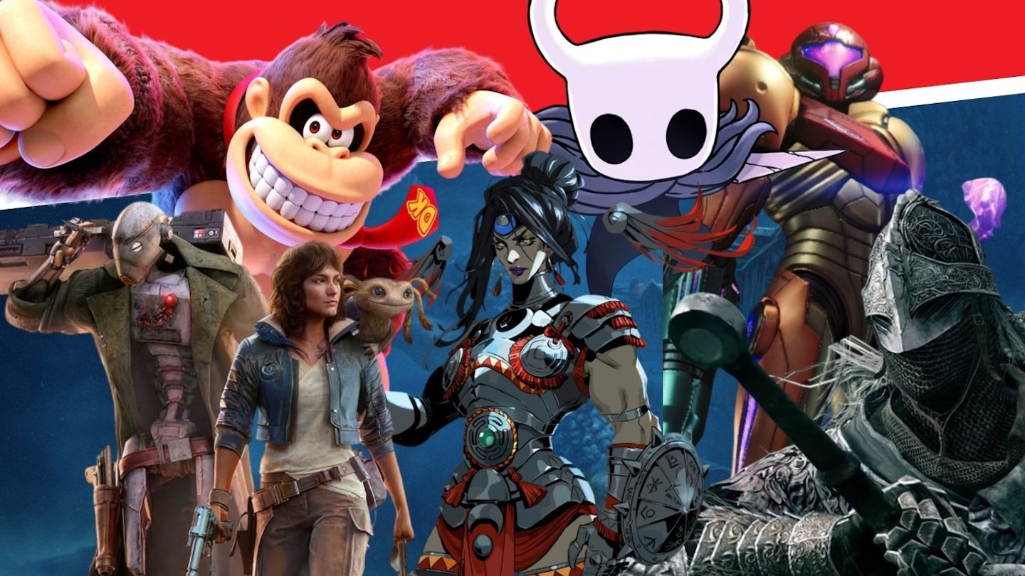 Image showcasing a selection of confirmed post-launch Nintendo Switch 2 titles, including Kirby Air Riders, Story of Seasons, Donkey Kong Bananza, Metroid Prime 4, Hollow Knight: Silksong, Elden Ring: Tarnished Edition, Star Wars Outlaws, and Hades II.