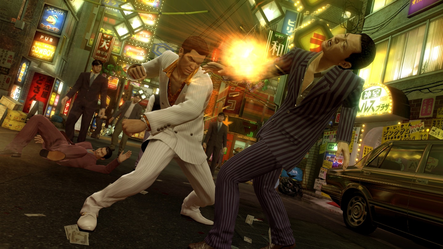 Yakuza 0: Director's Cut. Characters fighting. Best Switch 2 games.