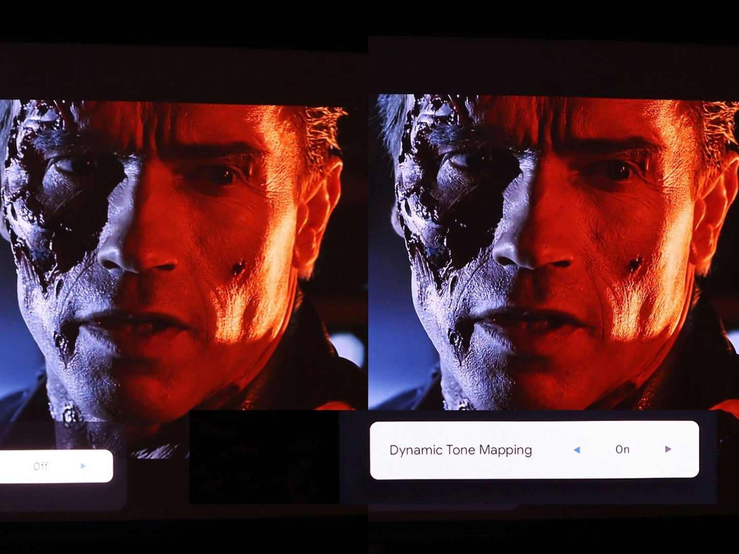Comparison of scene from Terminator 2 with and without Dynamic Tone Mapping on the Valerion VisionMaster Pro 2 4K Laser Projector