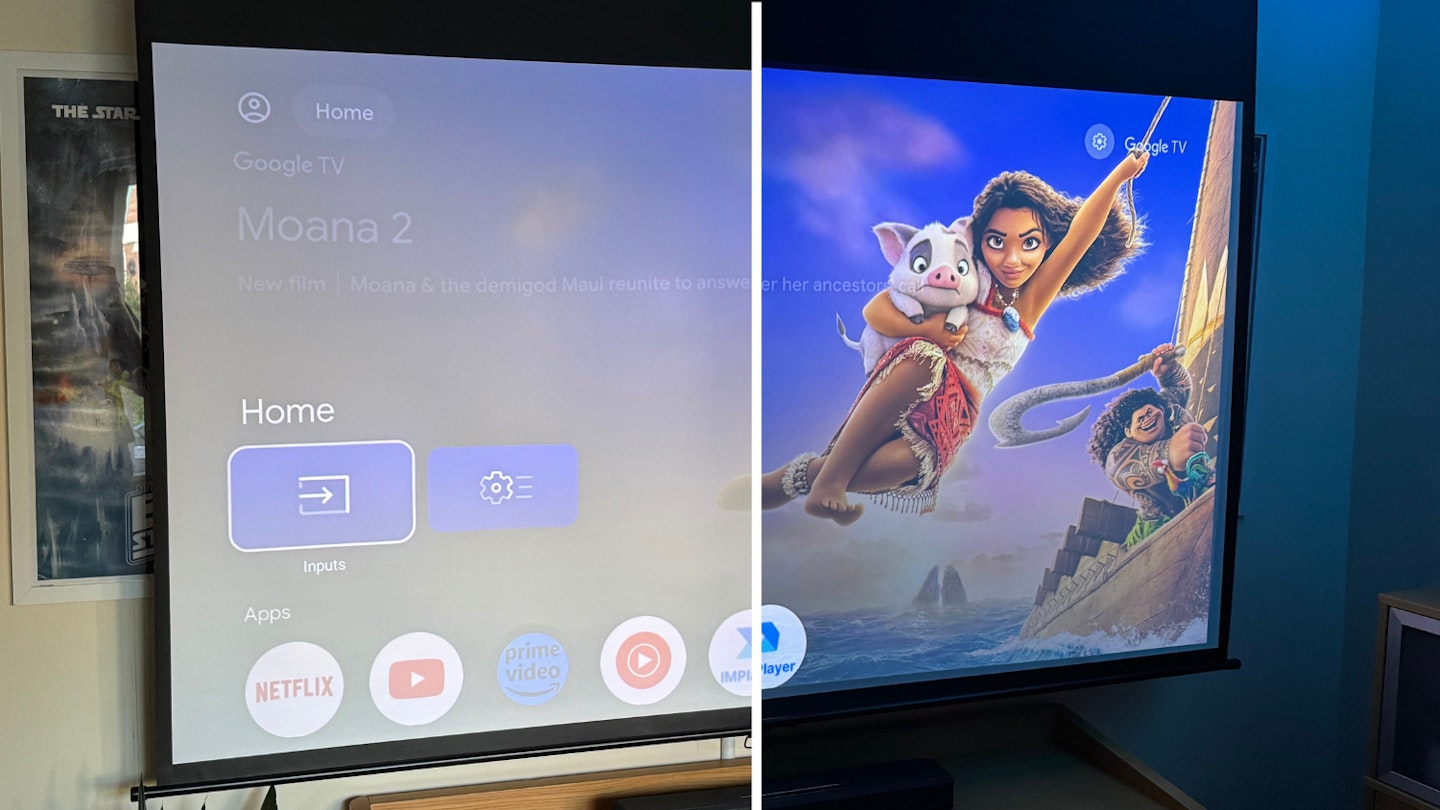 EPSON EF-22N projector showcasing the Google TV home screen in both bright and low-light environments