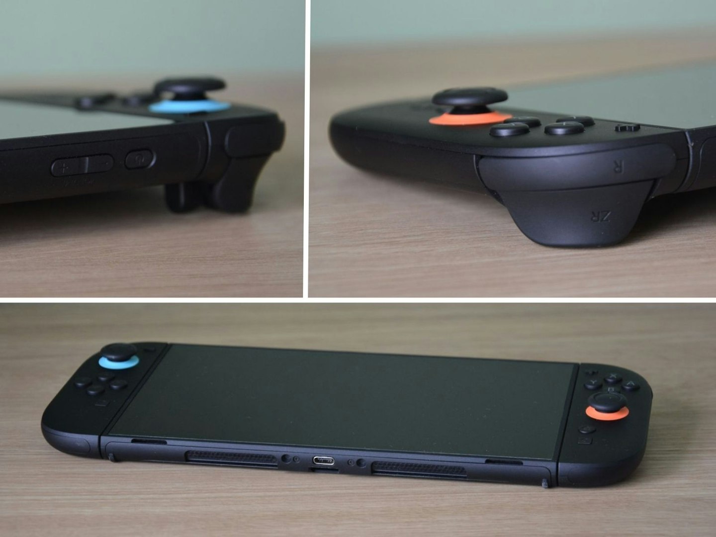 Nintendo Switch 2 top and underside view – shows volume and power buttons, attached Joy-Con, USB-C charging port, and cooling fans while lying flat