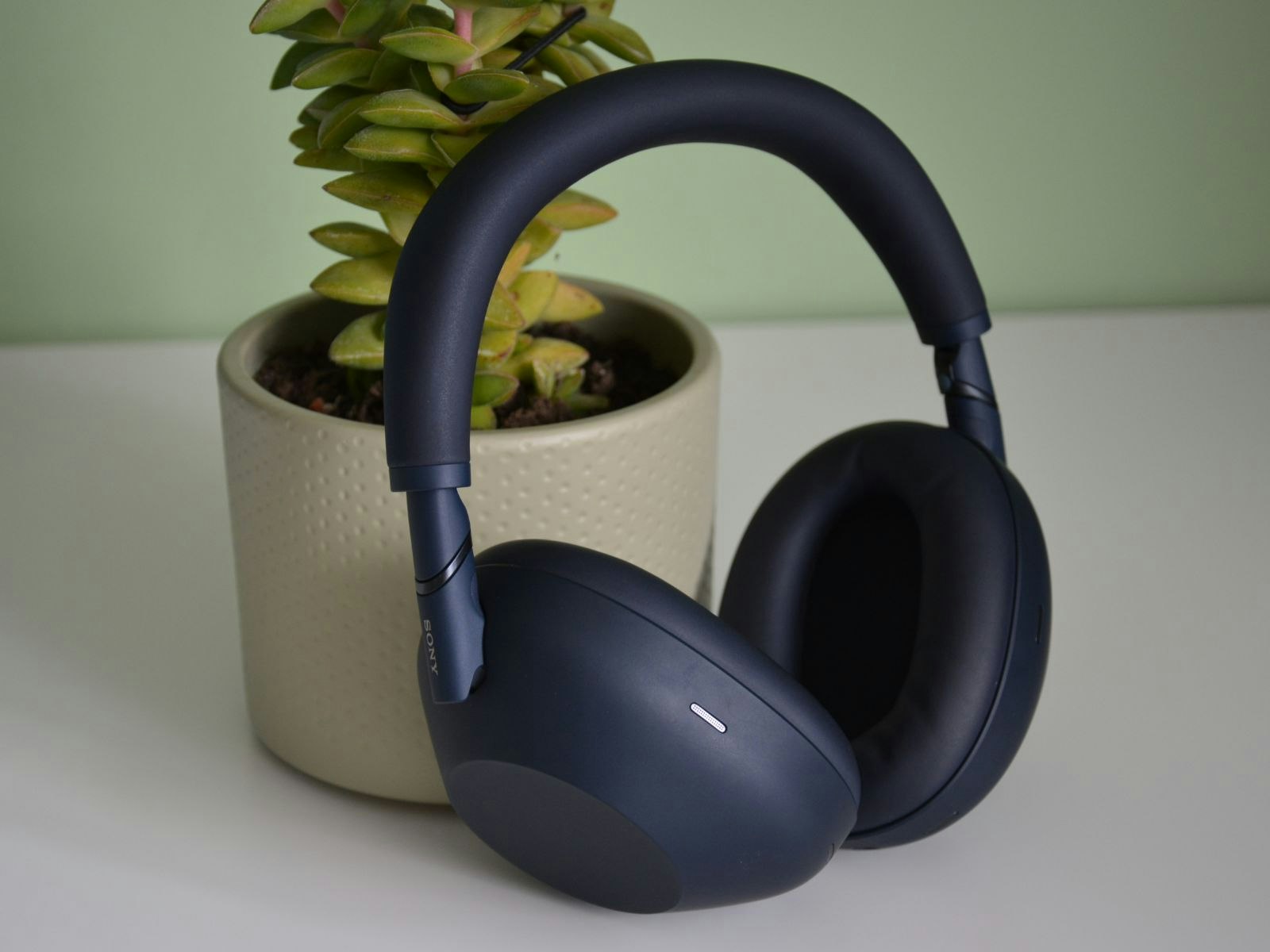 Sony WH-1000XM6, one of the best surround sound headphones of 2025, pictured propped against a cactus plant pot for a clean, casual setup