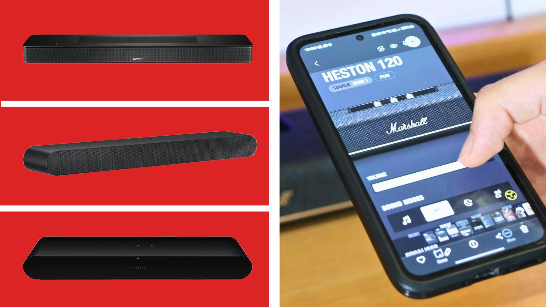 The best soundbars including Sonos, Samsung, Bose, LG and Marshall. Different soundbars and the Marshall Heston 120 soundbar app being used with soundbar in background.