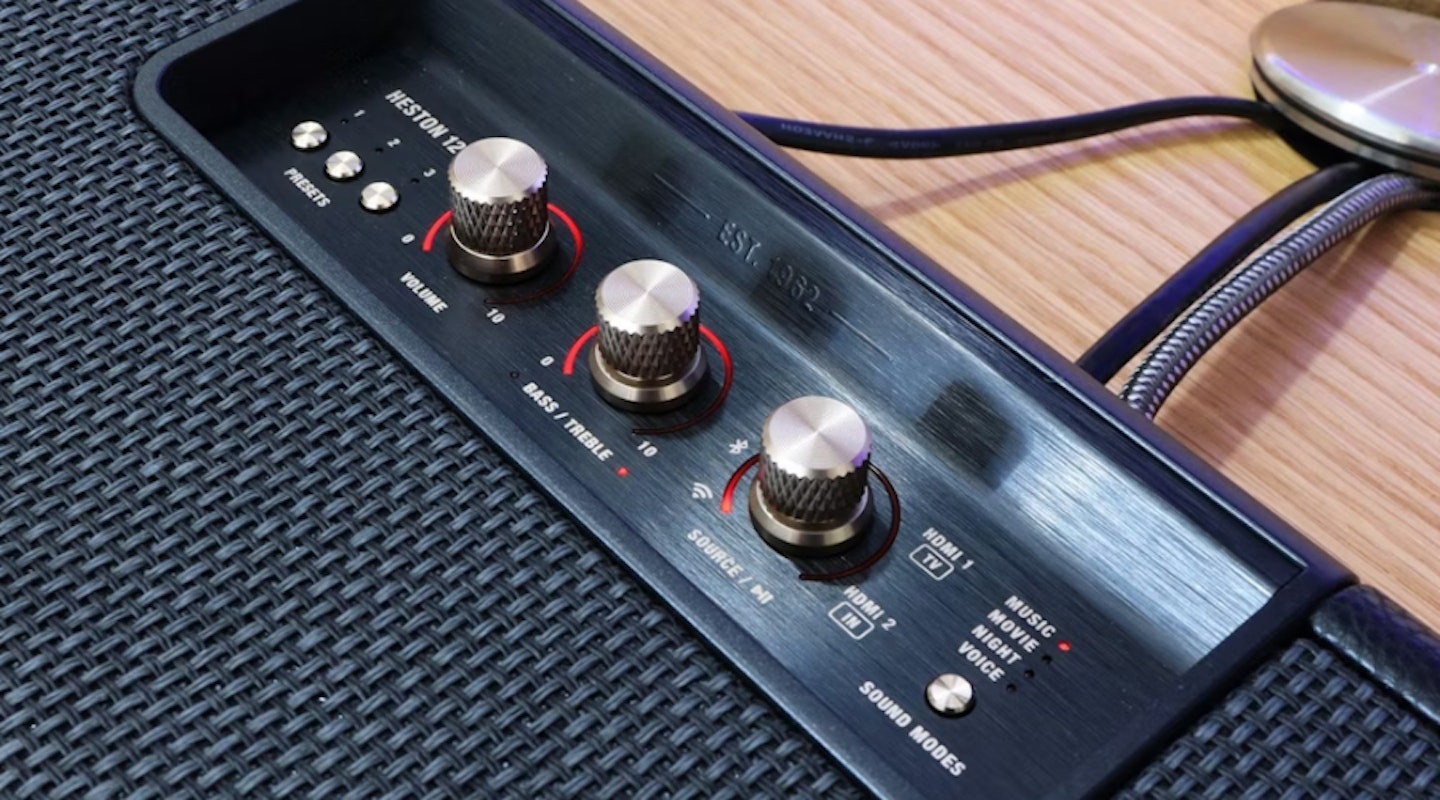 Marshall Heston 120 soundbar control knobs. Best Dolby Atmos soundbar.