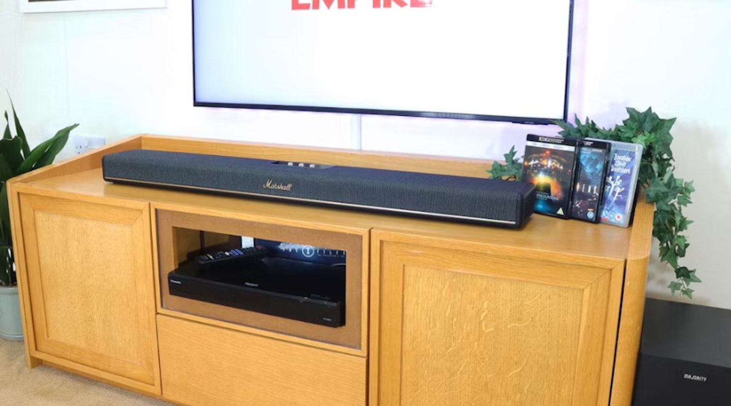 Marshall Heston 120 soundbar in front of TV. Dolby Atmos soundbar.
