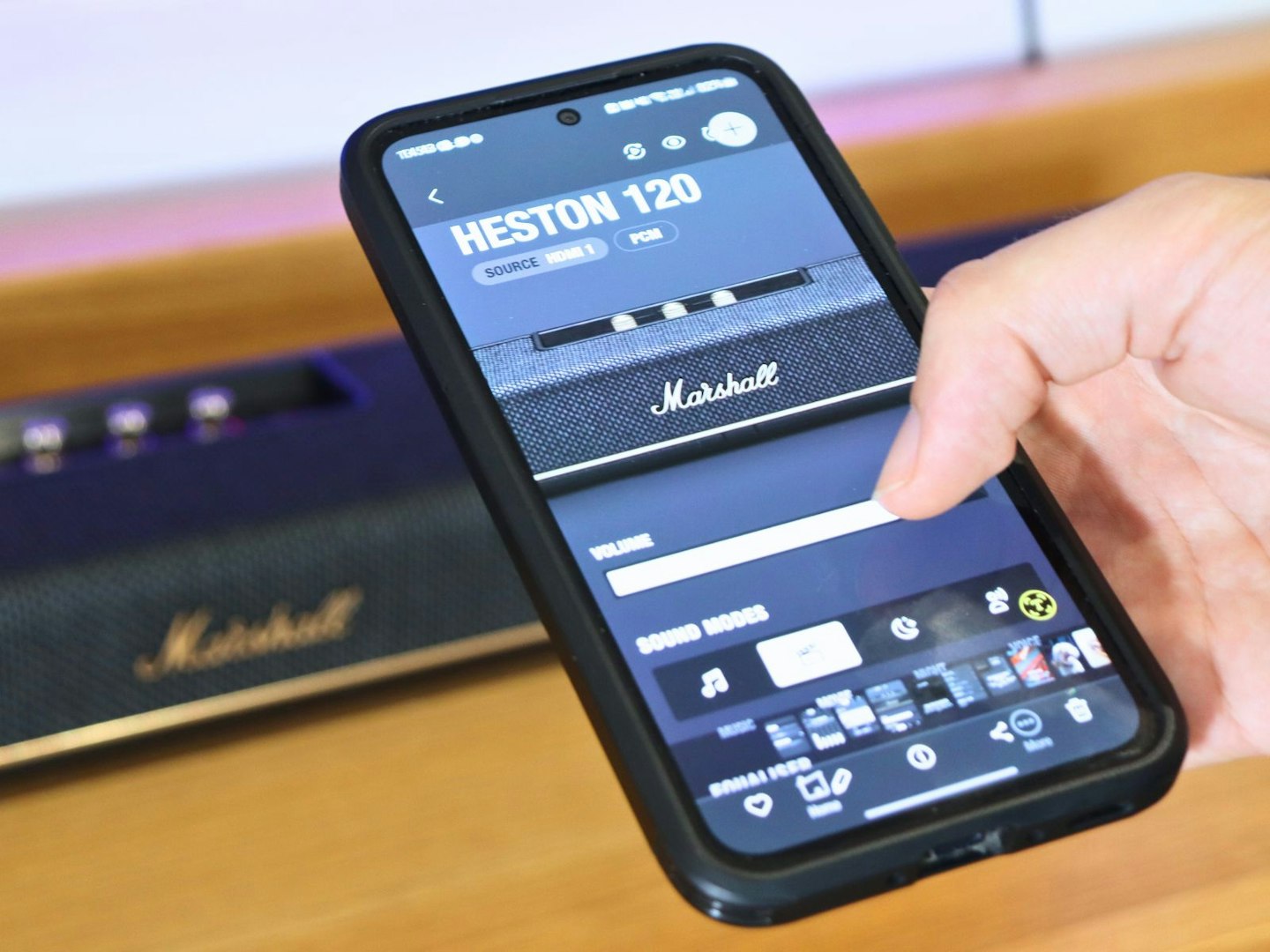marshall heston 120 soundbar - marshall app on a phone