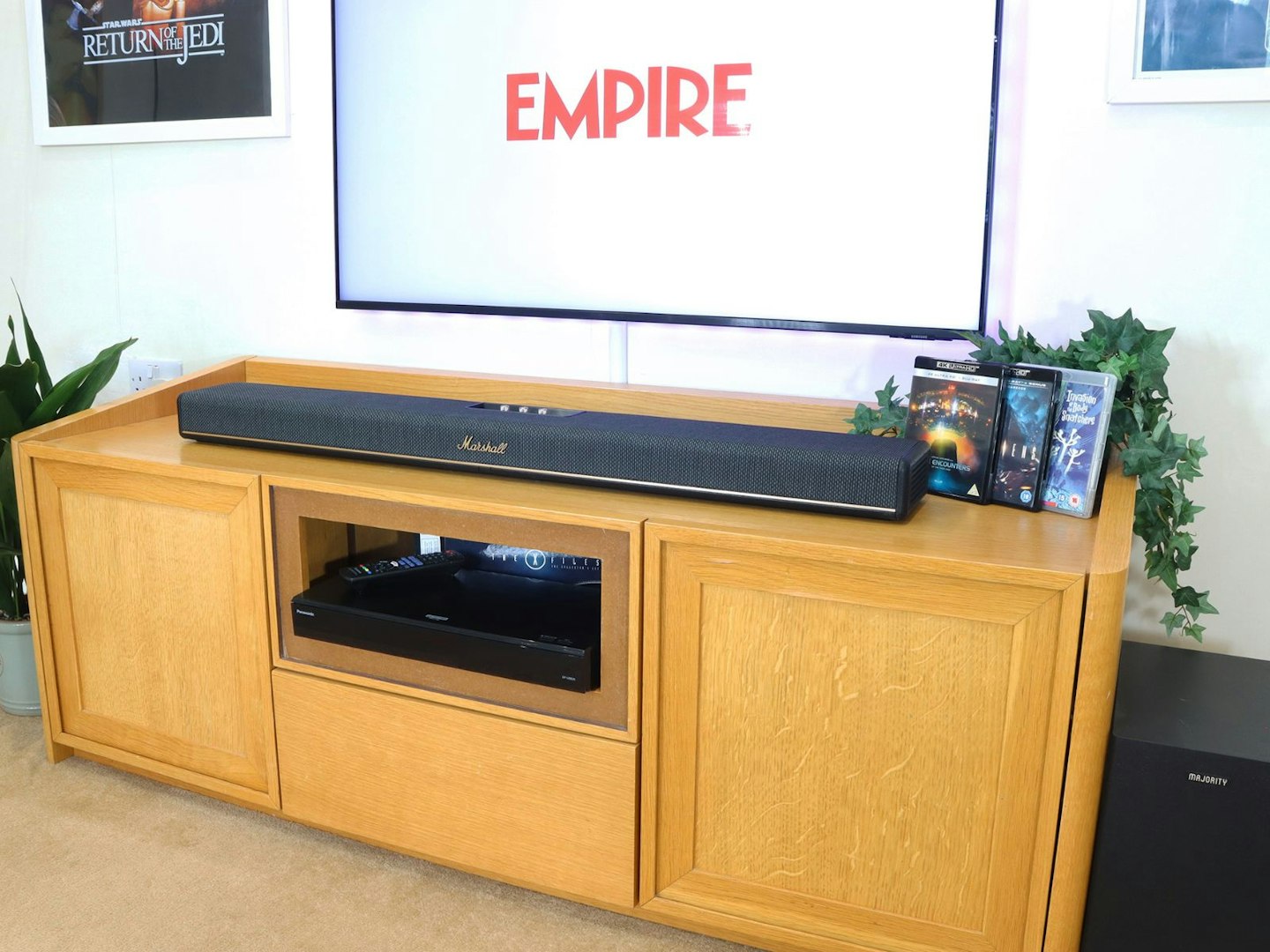 marshall heston 120 soundbar on a tv unit with TV in a lounge