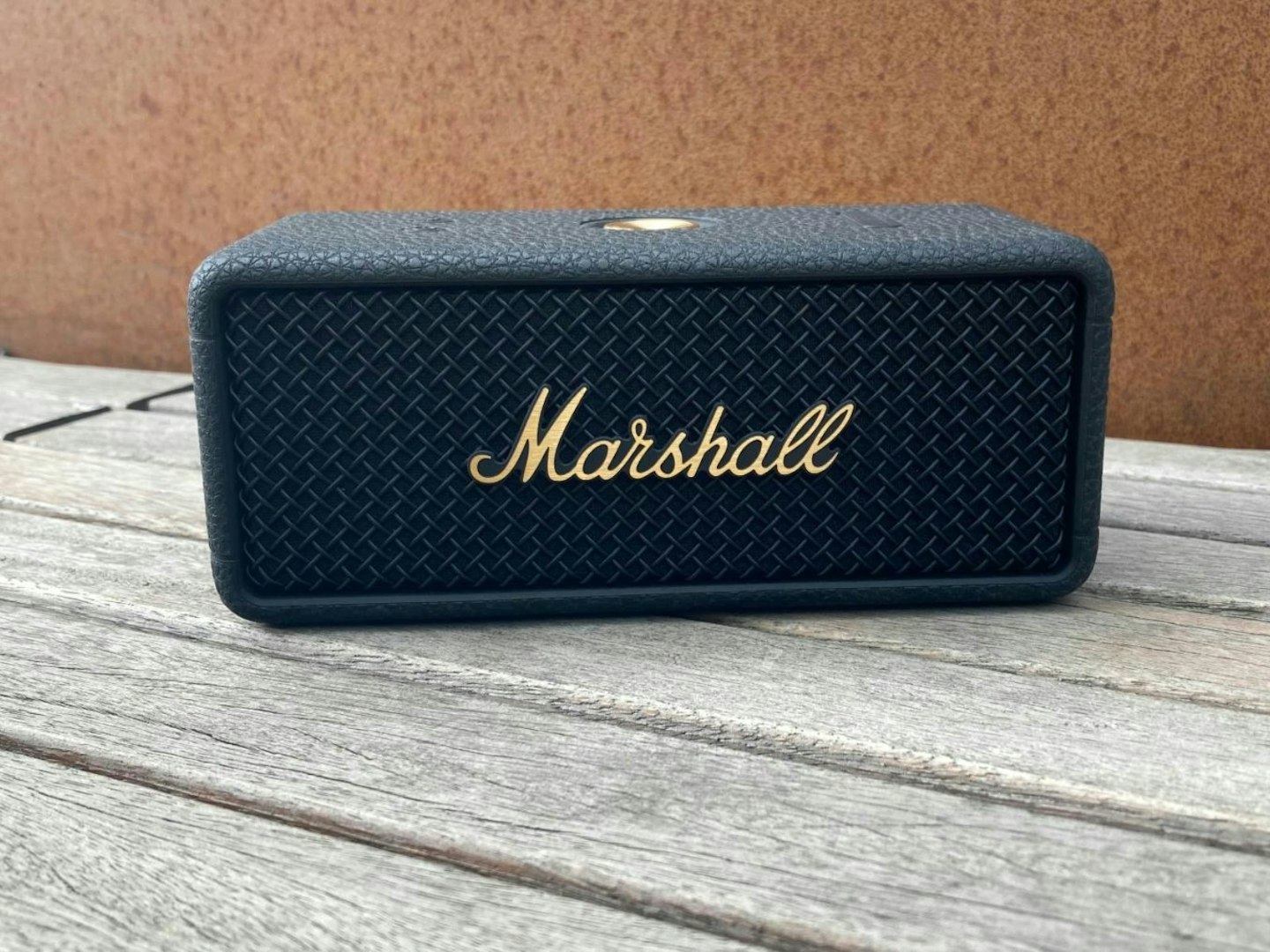 Marshall Emberton 3 portable bluetooth speaker picture on wooden surface. Best Christmas tech gifts.